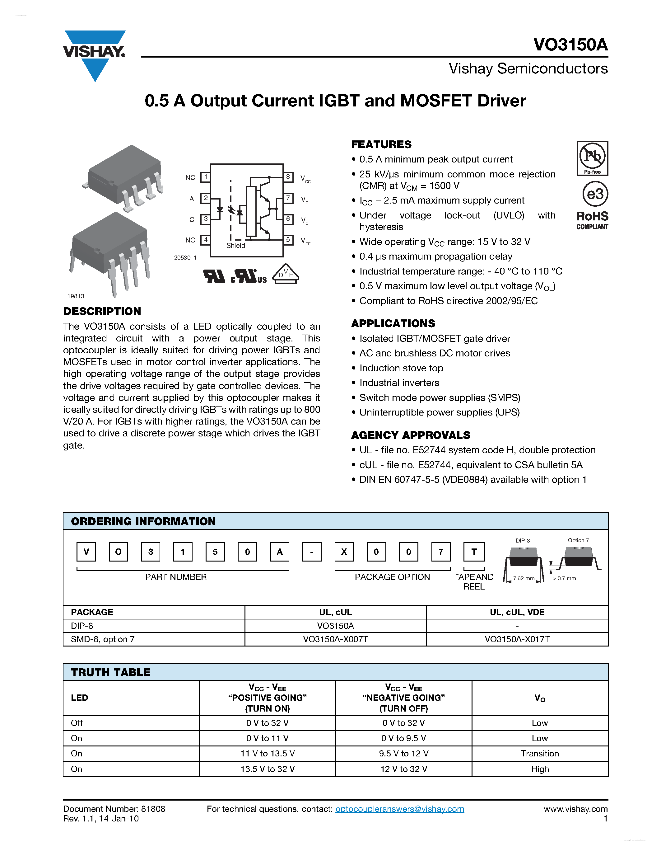 Datasheet VO3150A - 0.5 A Output Current IGBT and MOSFET Driver page 1