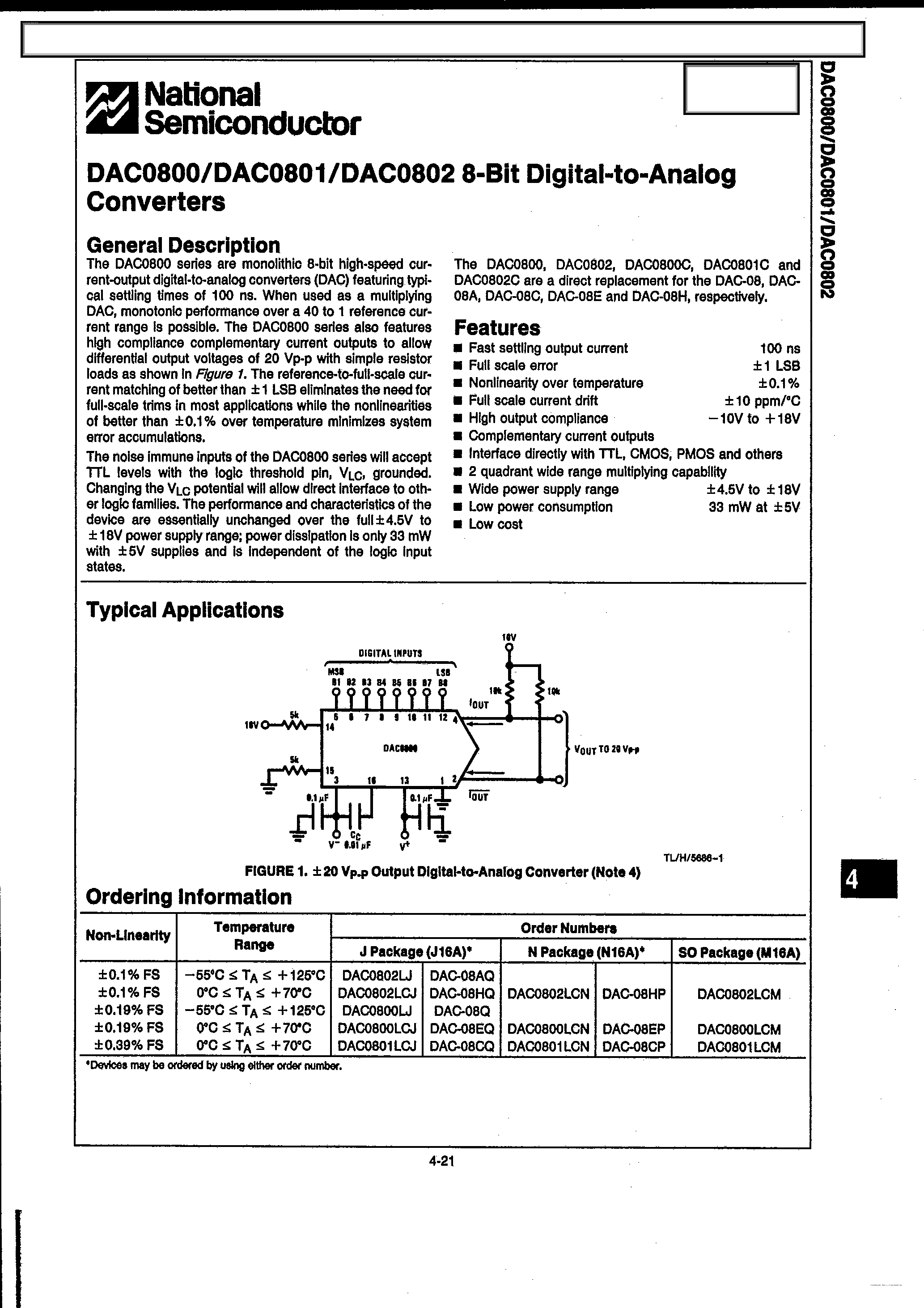 Datasheet DAC0801 - (DAC0800 - DAC0802) 8-BIT DIGITAL-TO-ANALOG CONVERTERS page 1