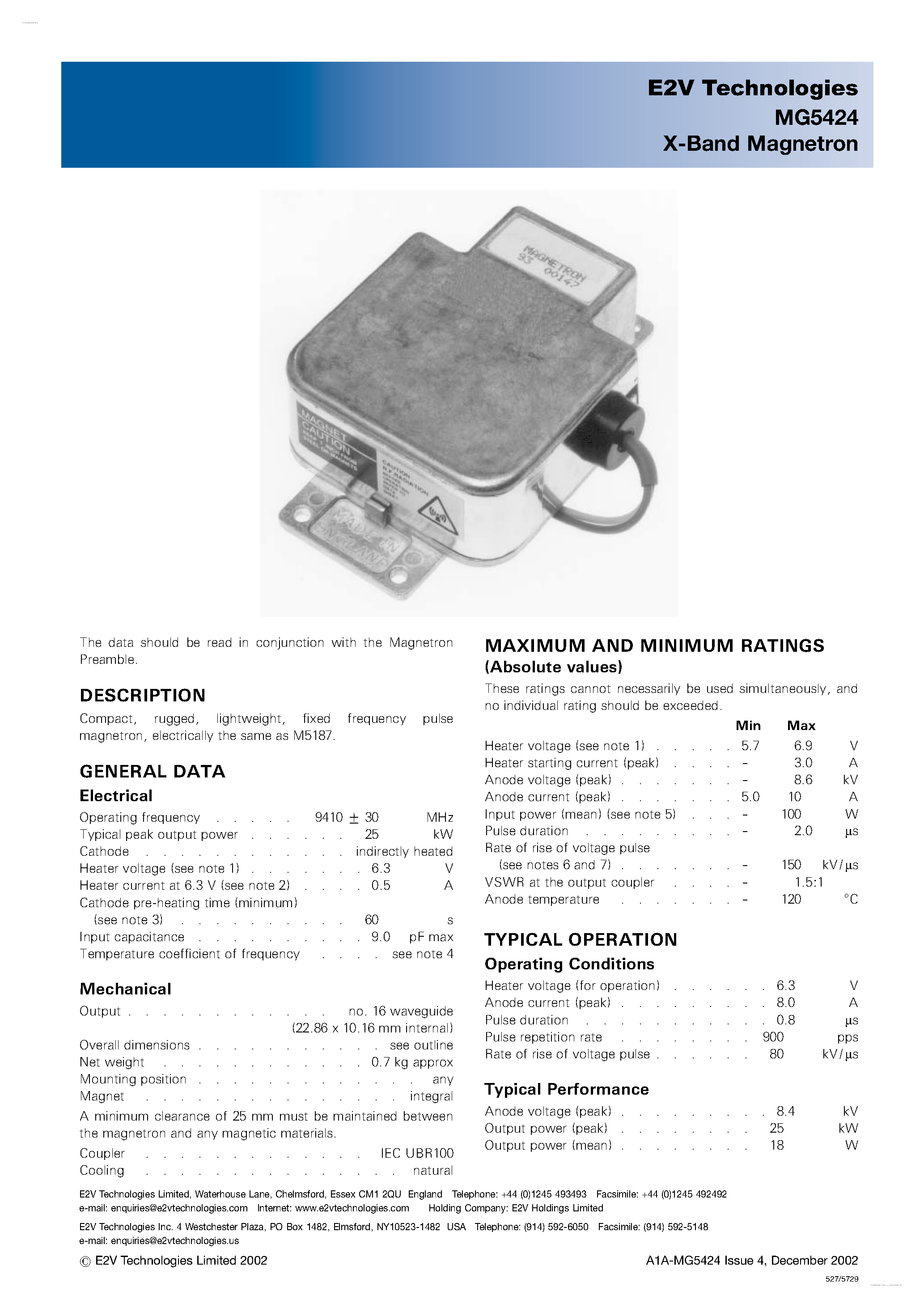 Datasheet MG5424 page 1 Datasheet MG5424 - X-Band Magnetron page 1