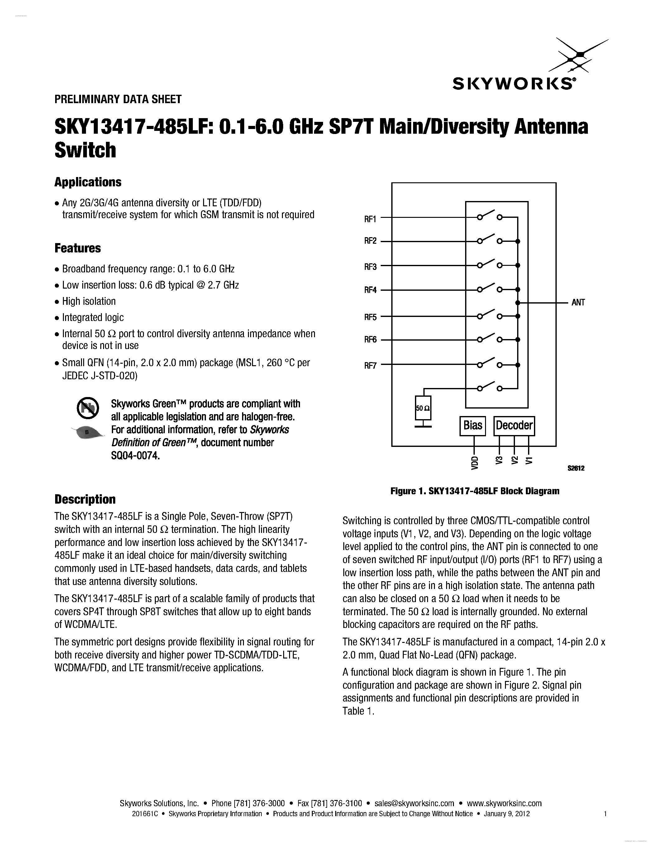 Datasheet SKY13417-485LF - 0.1-6.0 GHz SP7T Main/Diversity Antenna Switch page 1