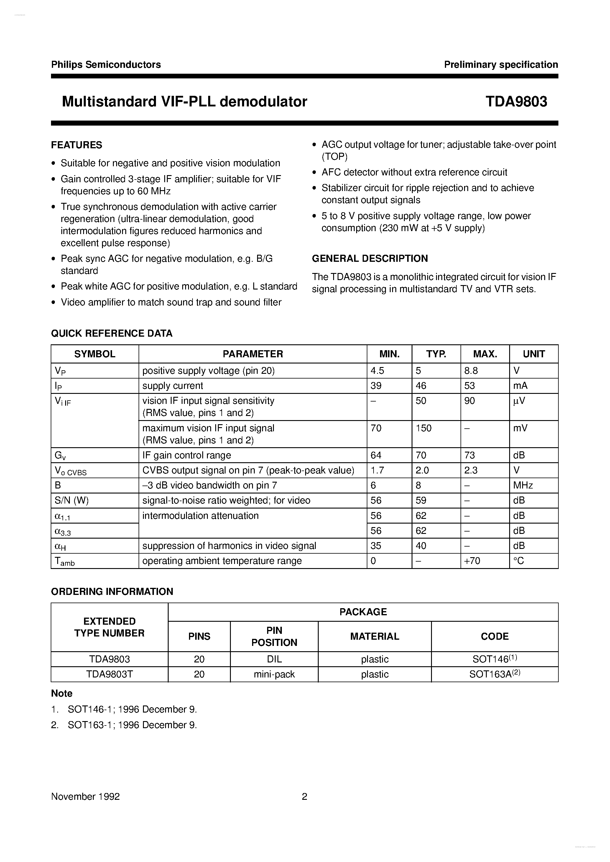 Datasheet TDA9803 page 2 Datasheet TDA9803 - Multistandard VIF-PLL demodulator page 2