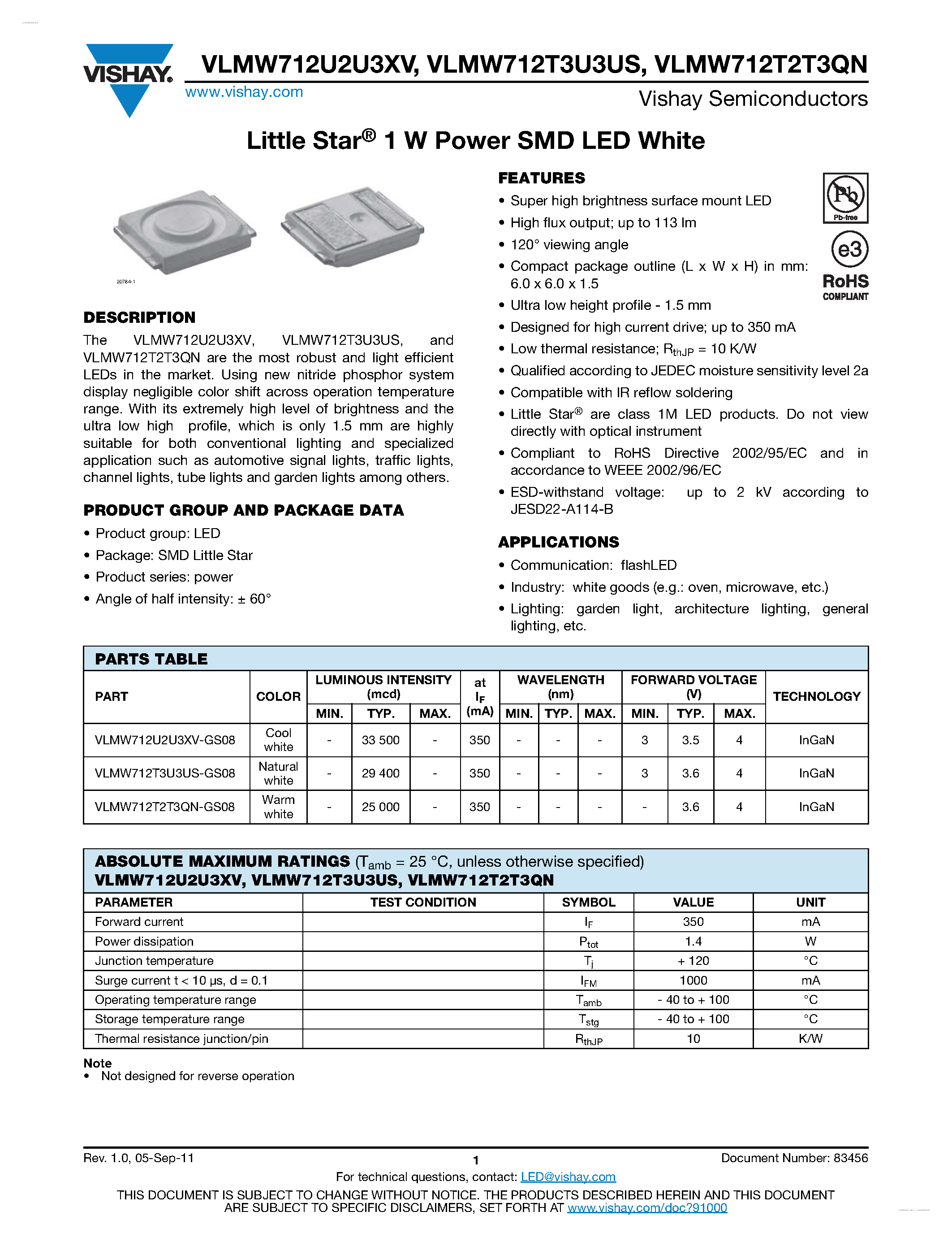 Datasheet VLMW712T2T3QN - 1 W Power SMD LED White page 1