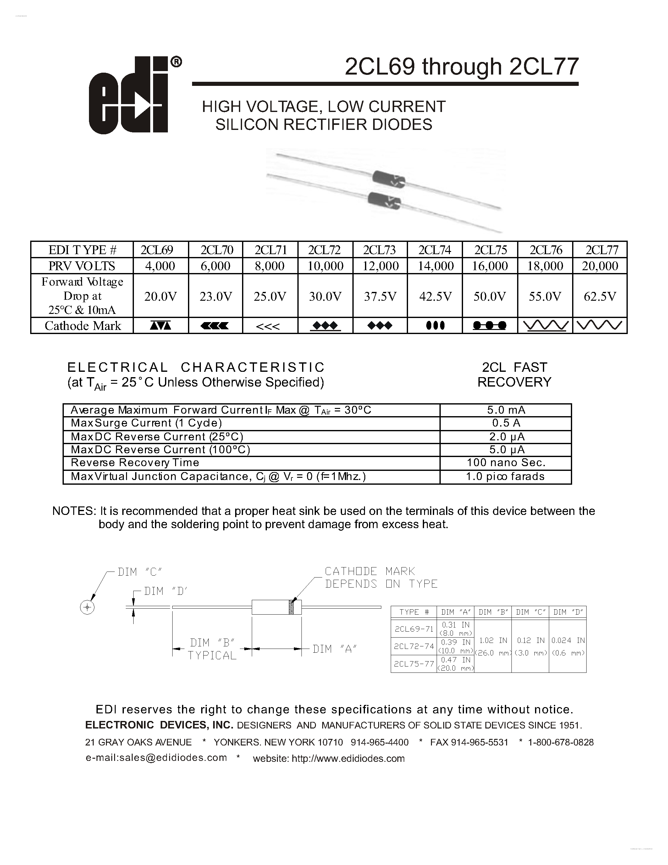 Datasheet 2CL69 page 1 Datasheet 2CL69 - (2CL69 - 2CL77) LOW CURRENT SILICON RECTIFIER DIODES page 1
