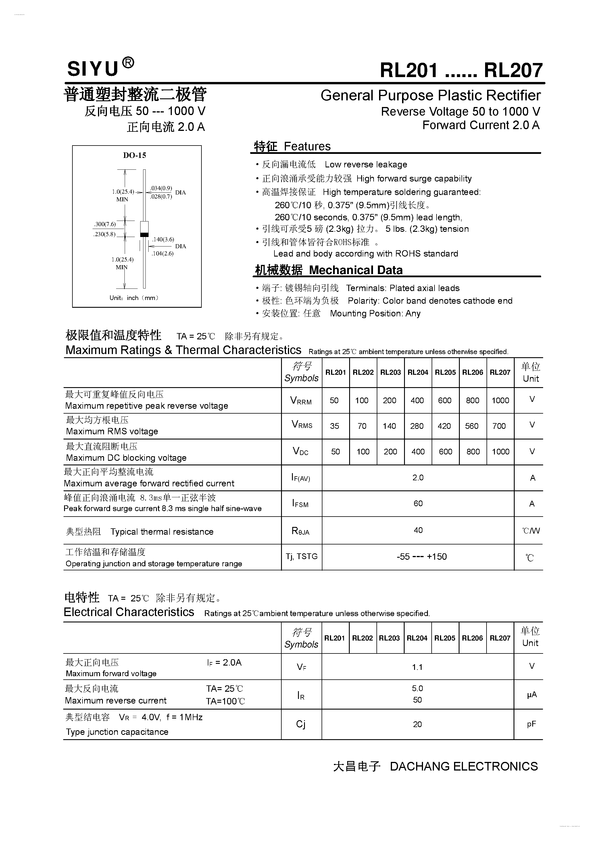 Даташит на микросхему RL201 страница 1 Даташит RL201 - (RL201 - RL207) General Purpose Plastic Rectifier страница 1