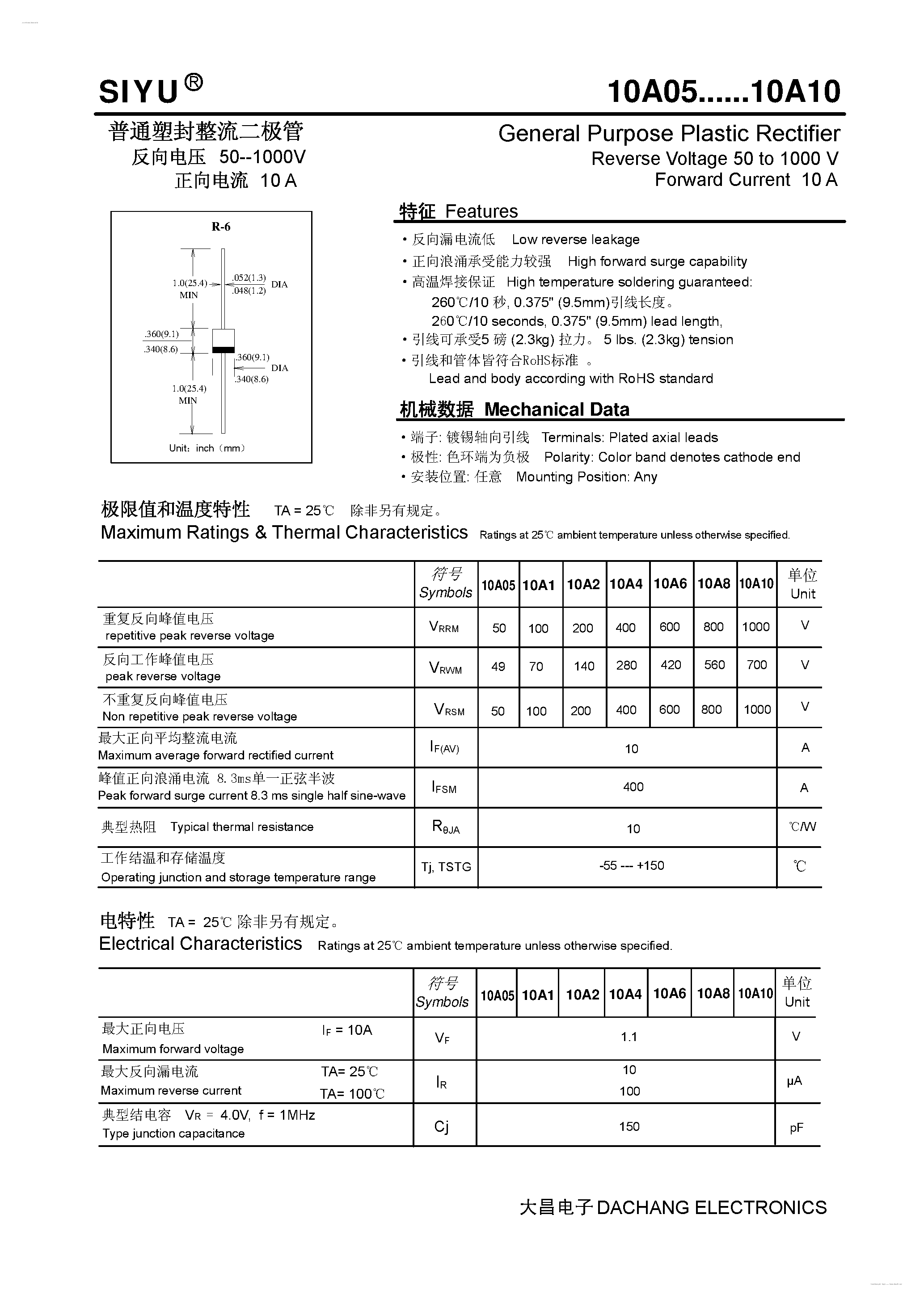 Datasheet 10A05 - (10A05 - 10A10) General Purpose Plastic Rectifier page 1