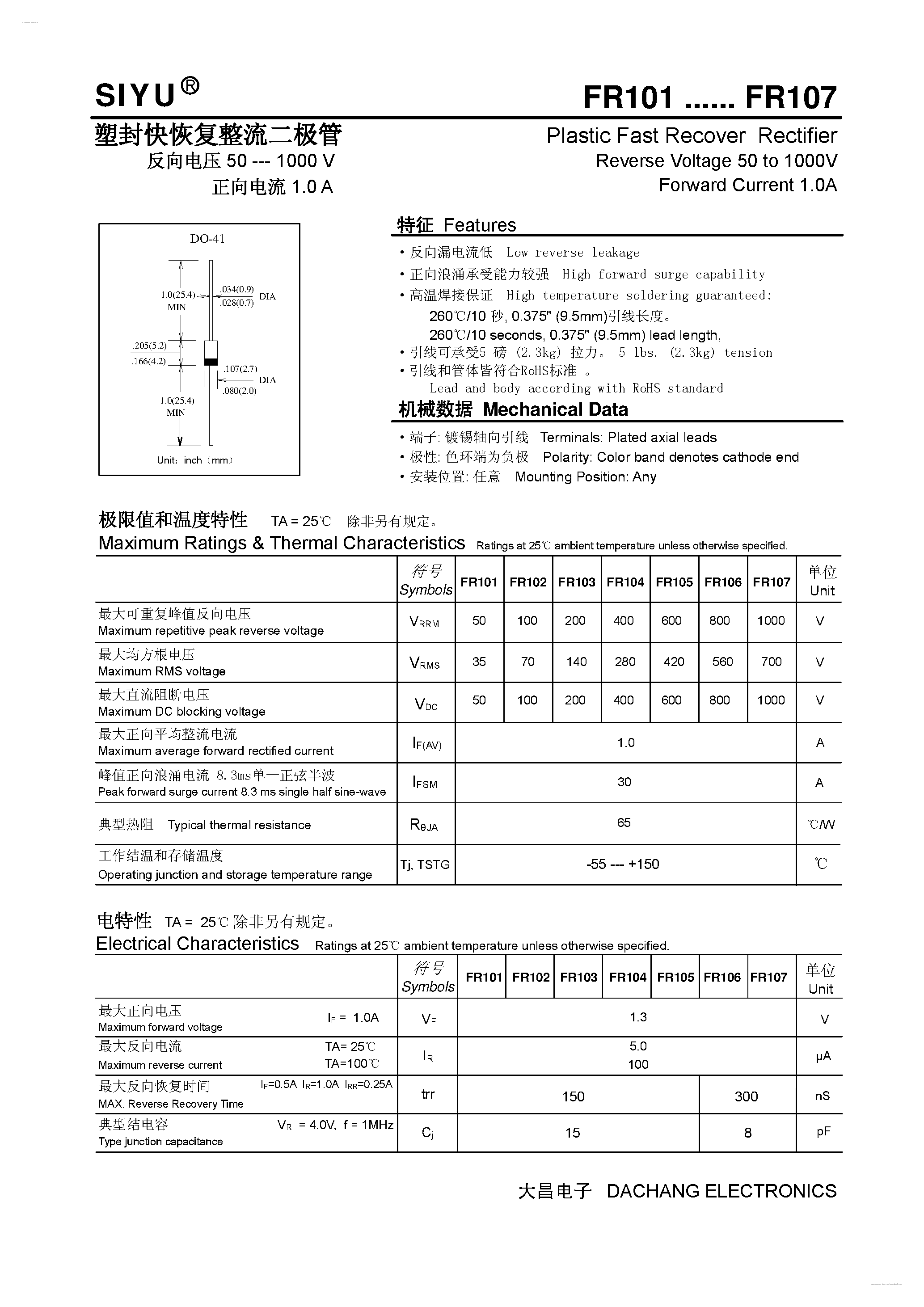 Datasheet FR101 page 1 Datasheet FR101 - (FR101 - FR107) Plastic Fast Recover Rectifier page 1