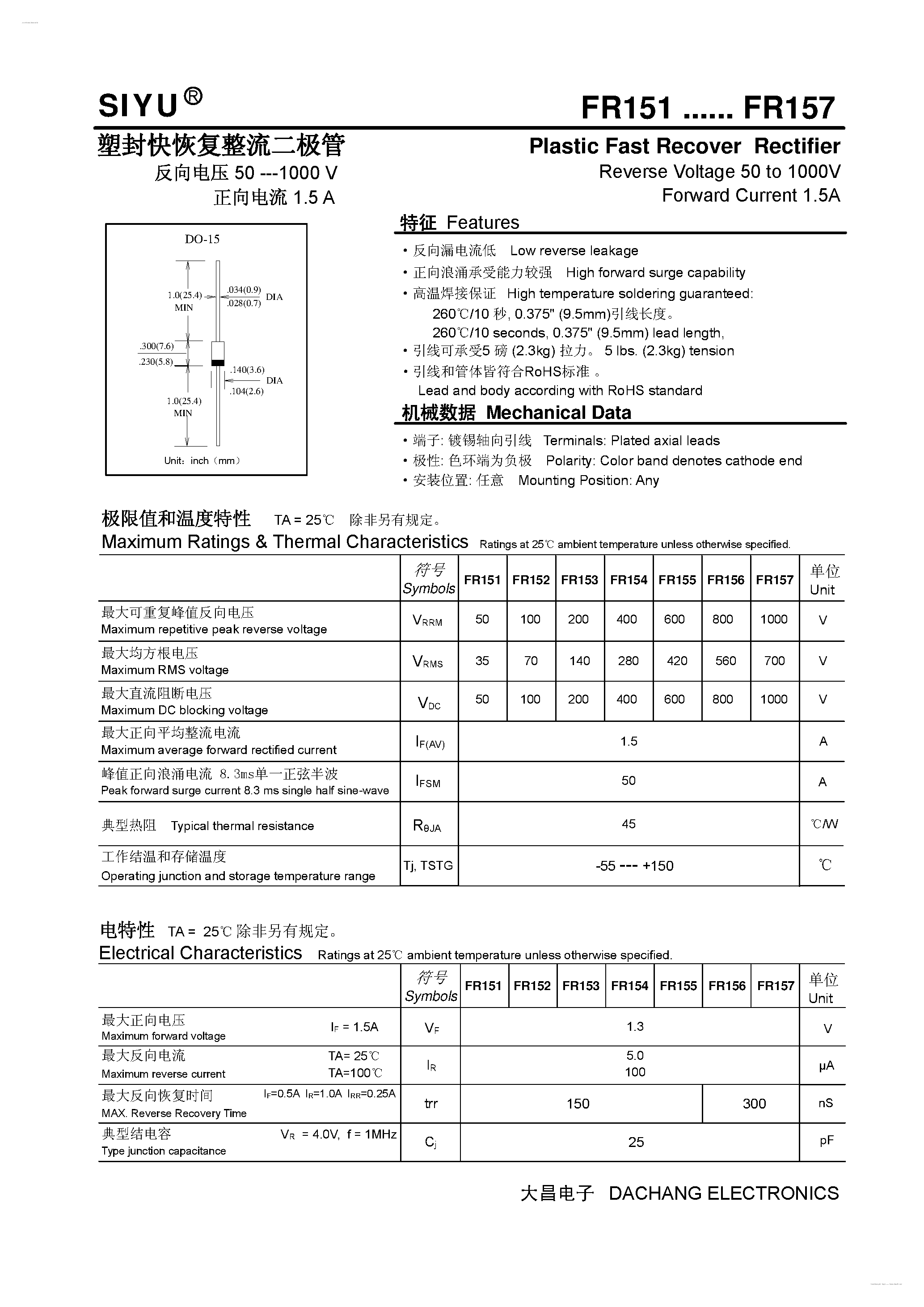 Datasheet FR151 page 1 Datasheet FR151 - (FR151 - FR157) Plastic Fast Recover Rectifier page 1