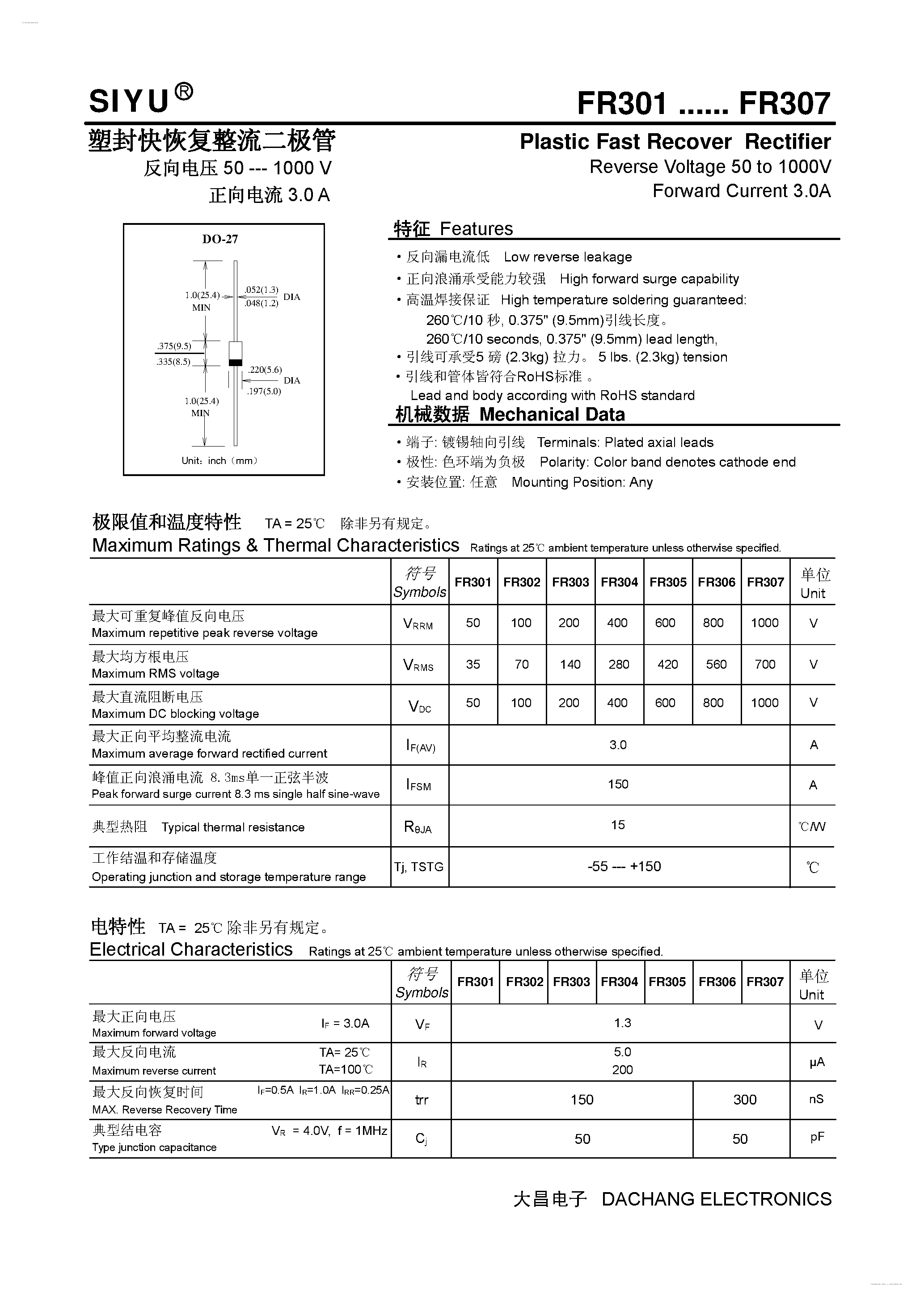 Datasheet FR301 - (FR301 - FR307) Plastic Fast Recover Rectifier page 1