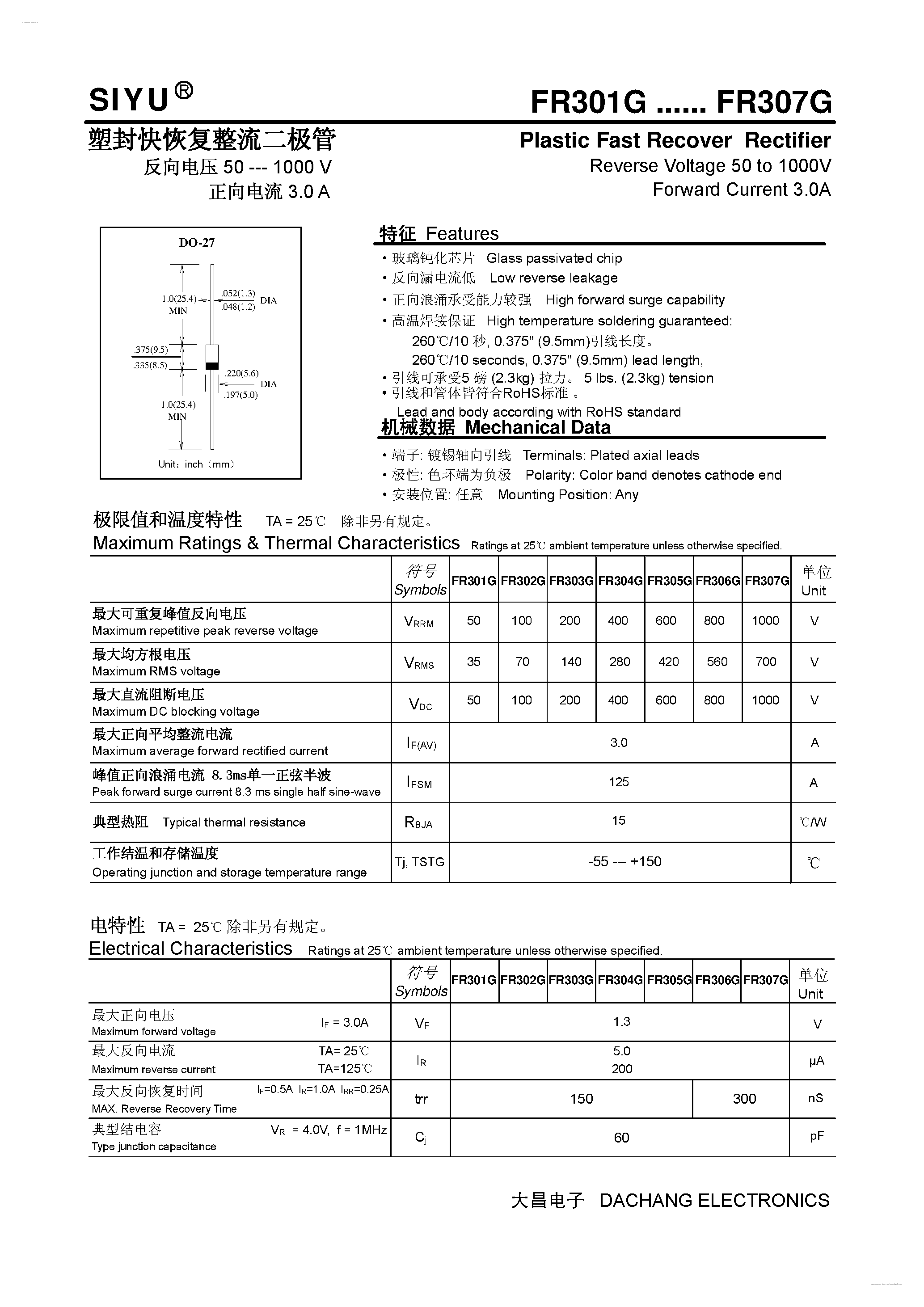Datasheet FR301G page 1 Datasheet FR301G - (FR301G - FR307G) Plastic Fast Recover Rectifier page 1