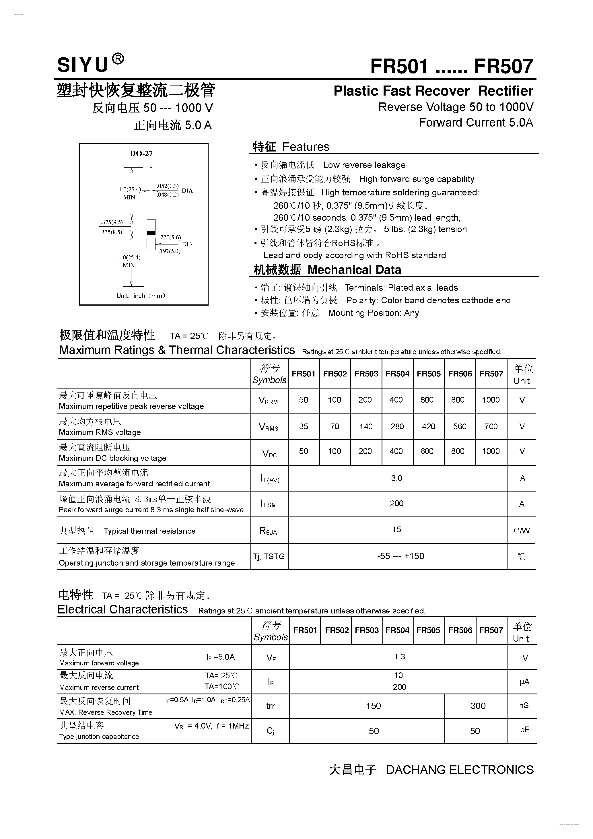 Datasheet FR501 page 1 Datasheet FR501 - (FR501 - FR507) Plastic Fast Recover Rectifier page 1