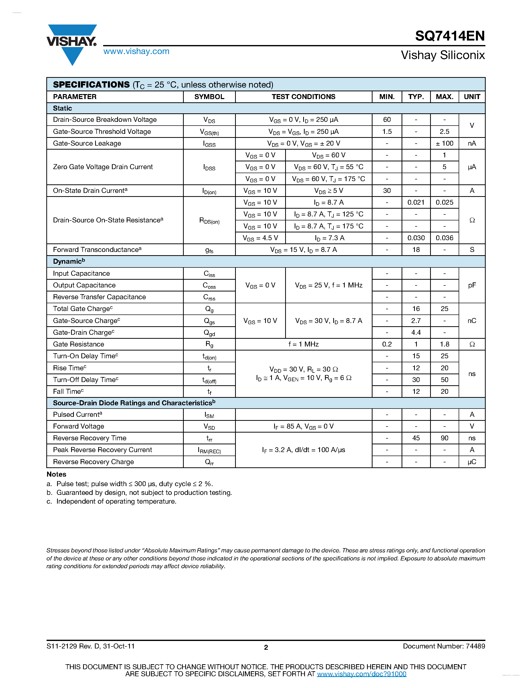 Datasheet SQ7414EN - Automotive N-Channel MOSFET page 2