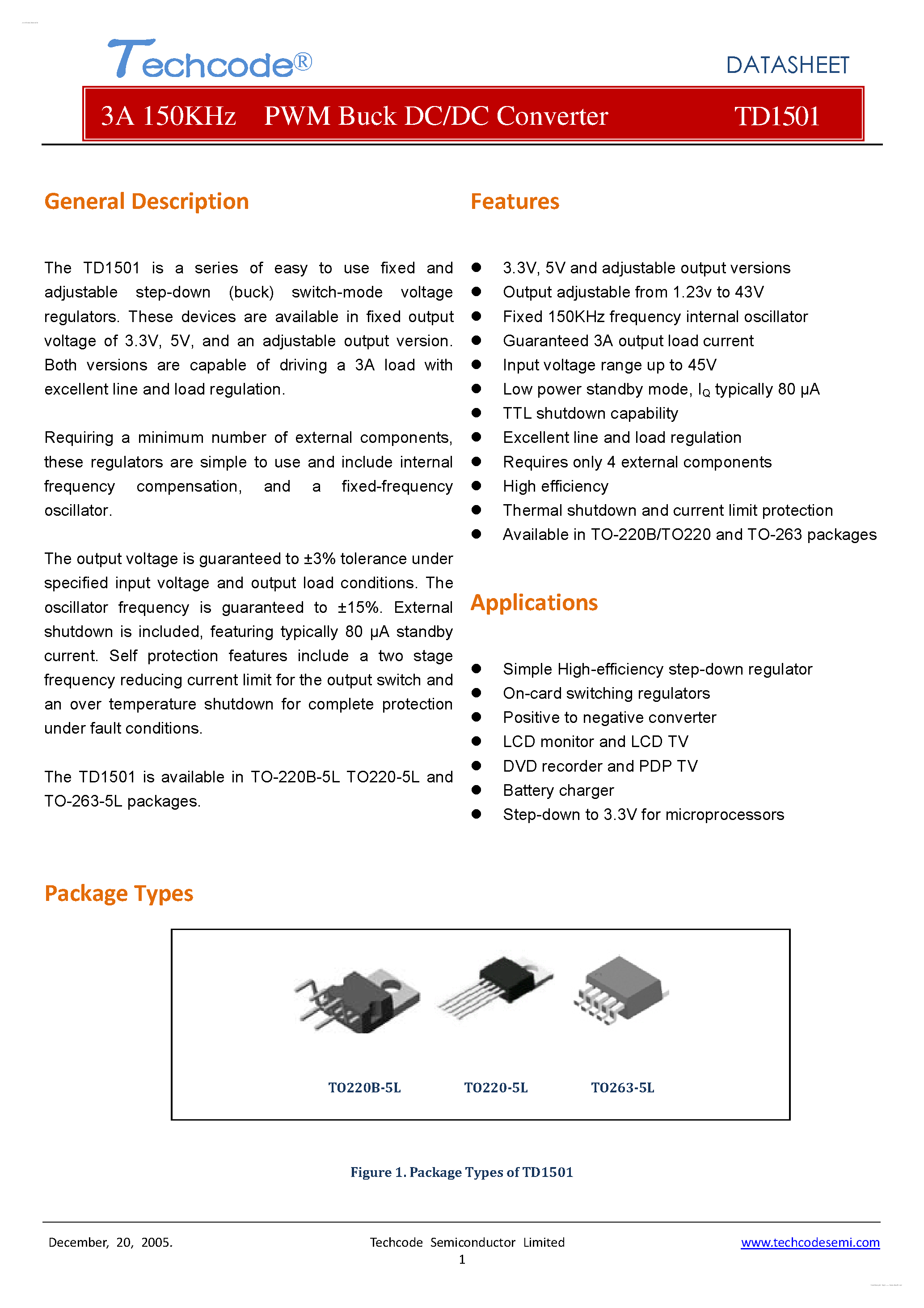 Datasheet TD1501 page 1 Datasheet TD1501 - PWM Buck DC/DC Converter page 1