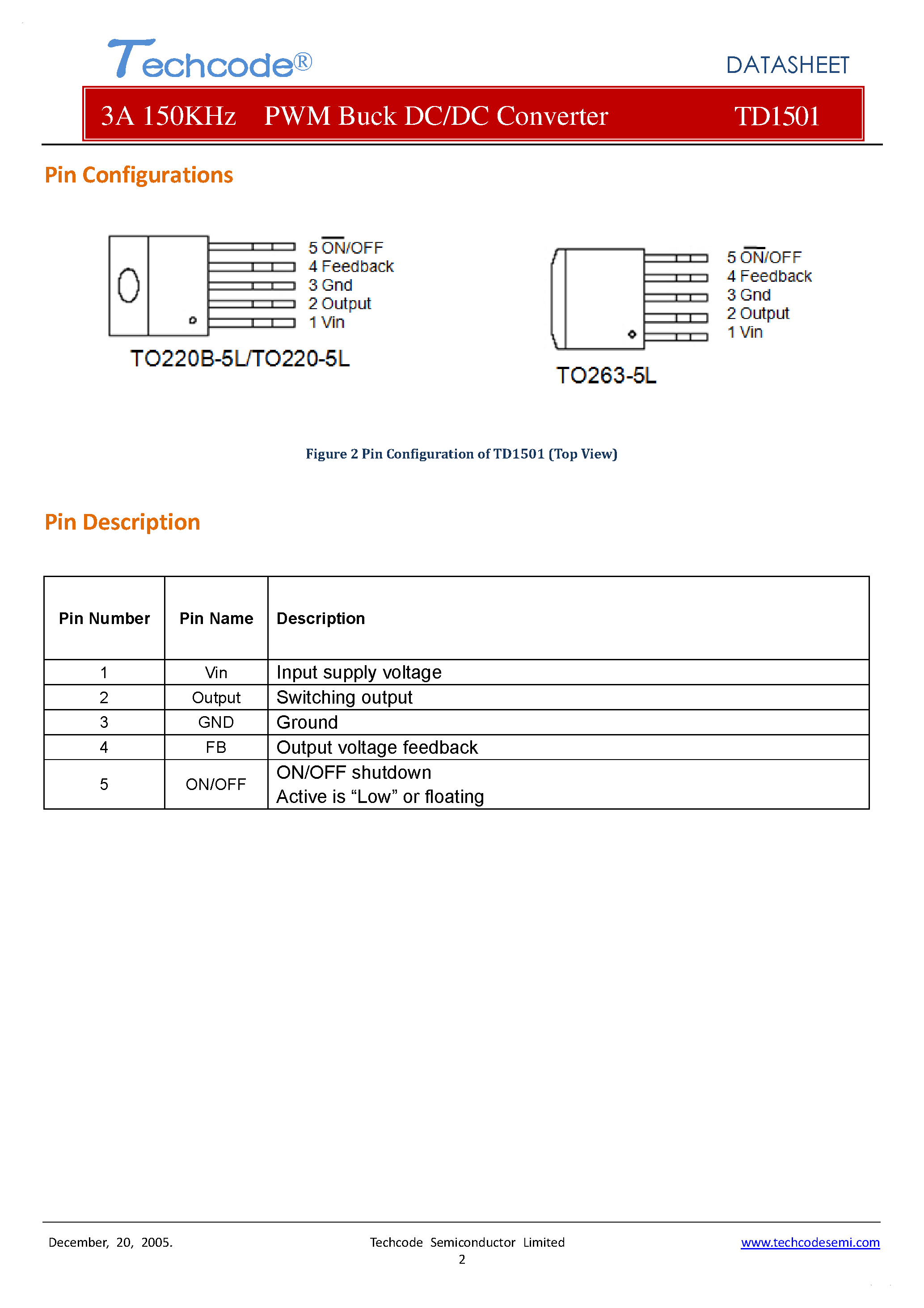 Datasheet TD1501 page 2 Datasheet TD1501 - PWM Buck DC/DC Converter page 2
