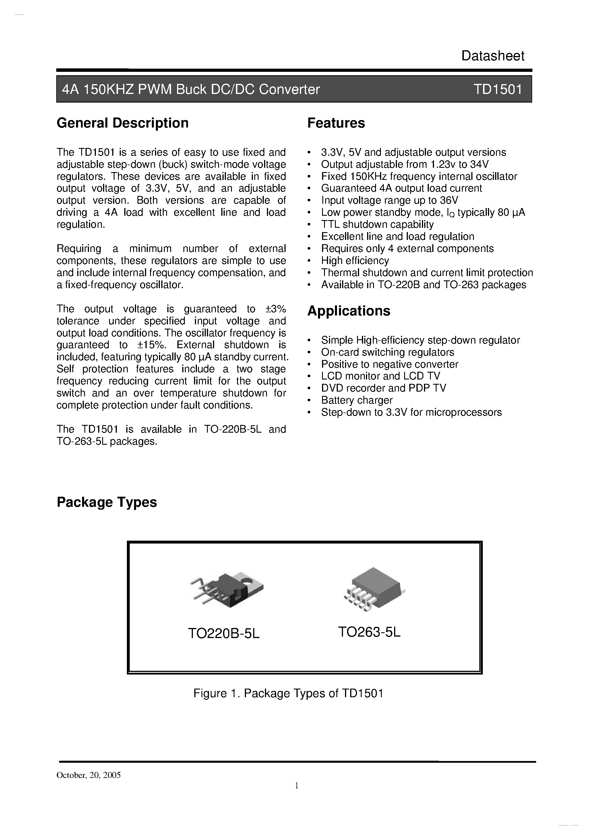 Datasheet TD1501 - 4A 150KHZ PWM Buck DC/DC Converter page 1