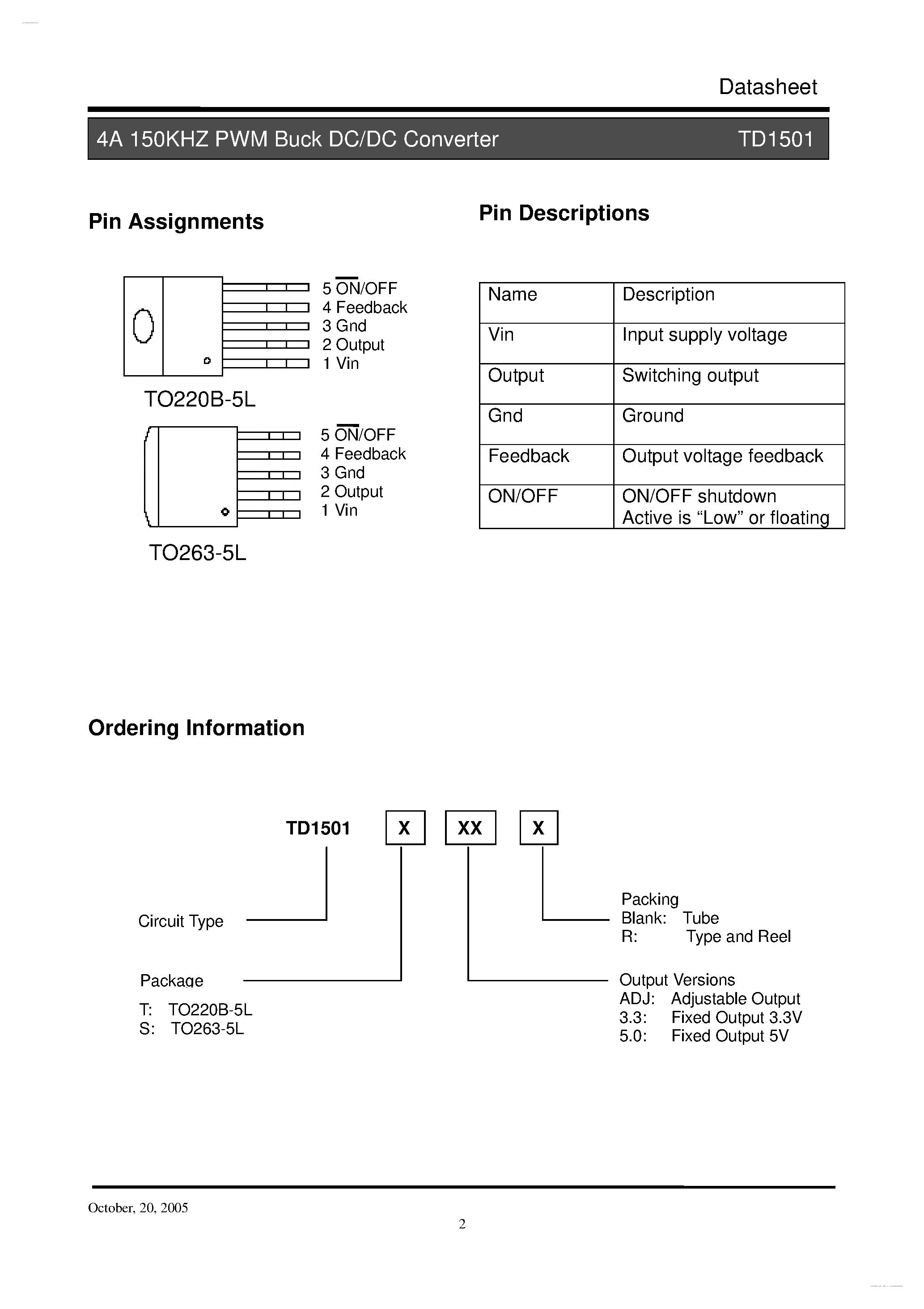 Datasheet TD1501 - 4A 150KHZ PWM Buck DC/DC Converter page 2