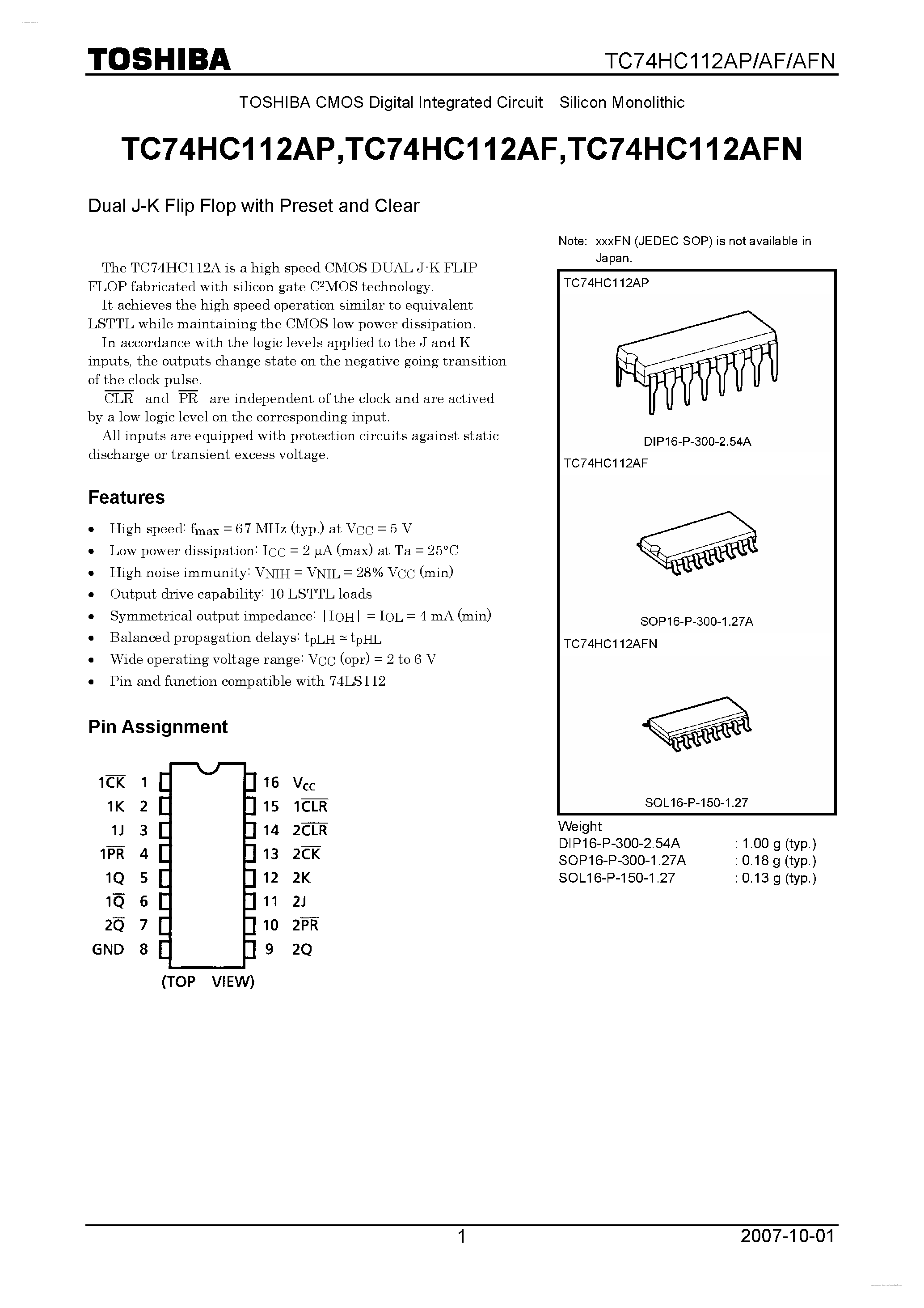 Datasheet TC74HC112AF - Dual J-K Flip Flop page 1