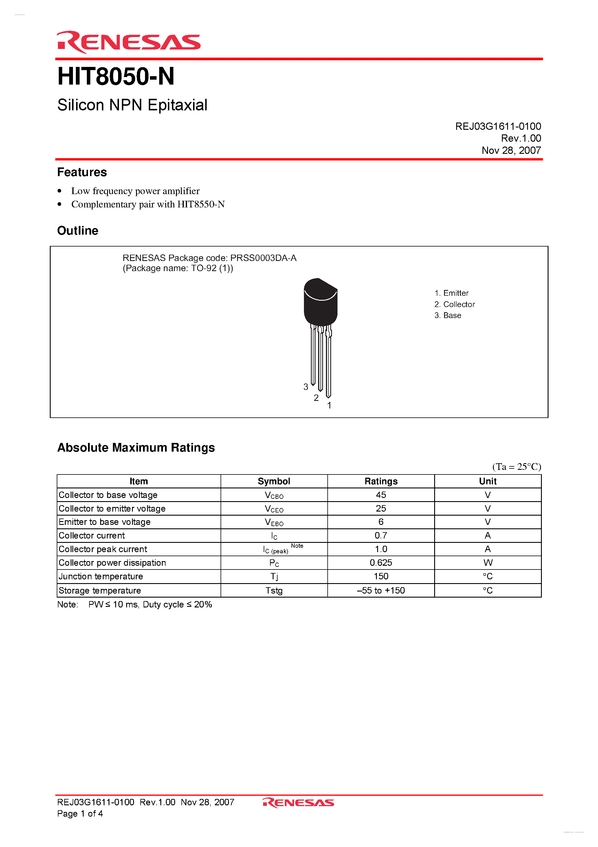 Datasheet HIT8050-N - Silicon NPN Epitaxial page 1