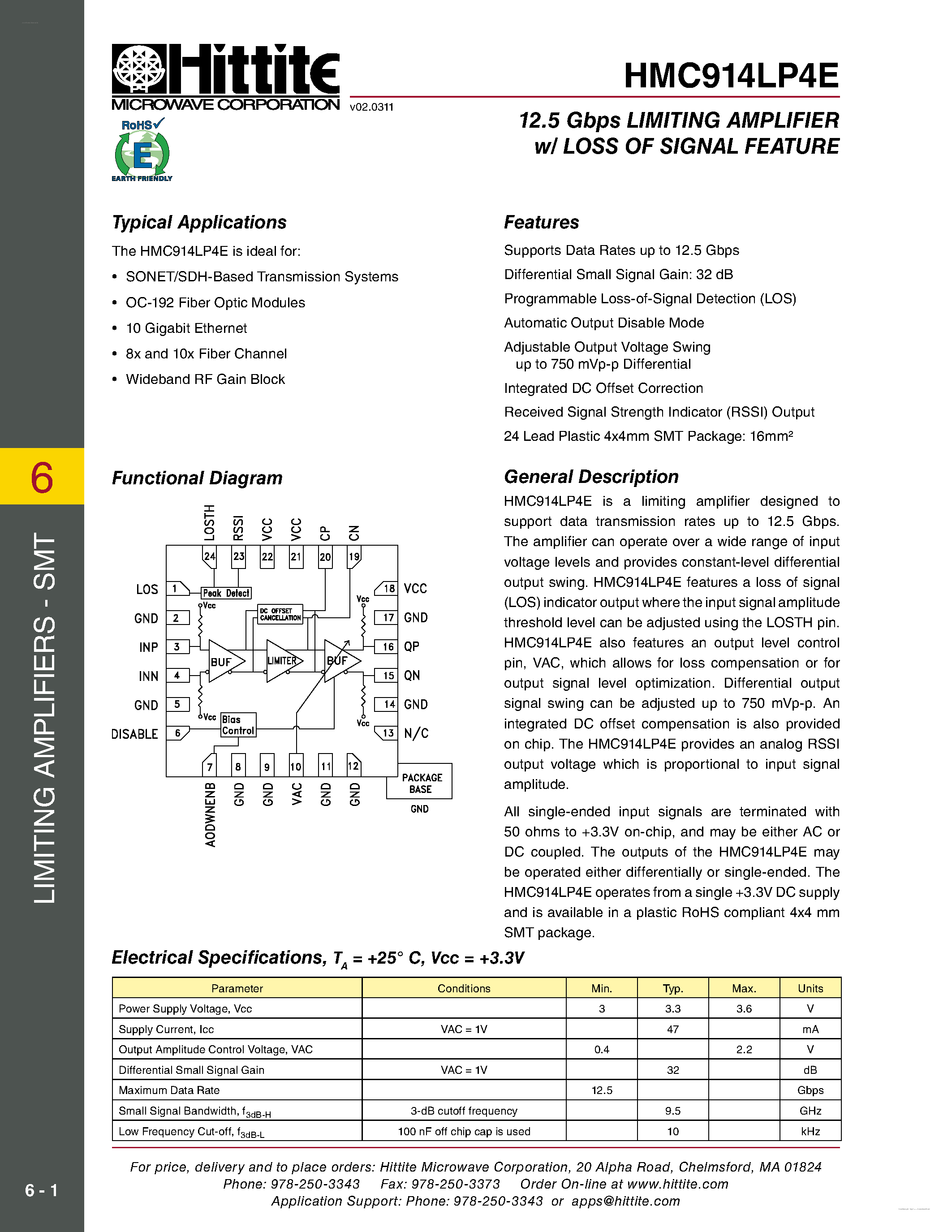 Datasheet HMC914LP4E page 1 Datasheet HMC914LP4E - 12.5 Gbps LIMITING AMPLIFIER page 1