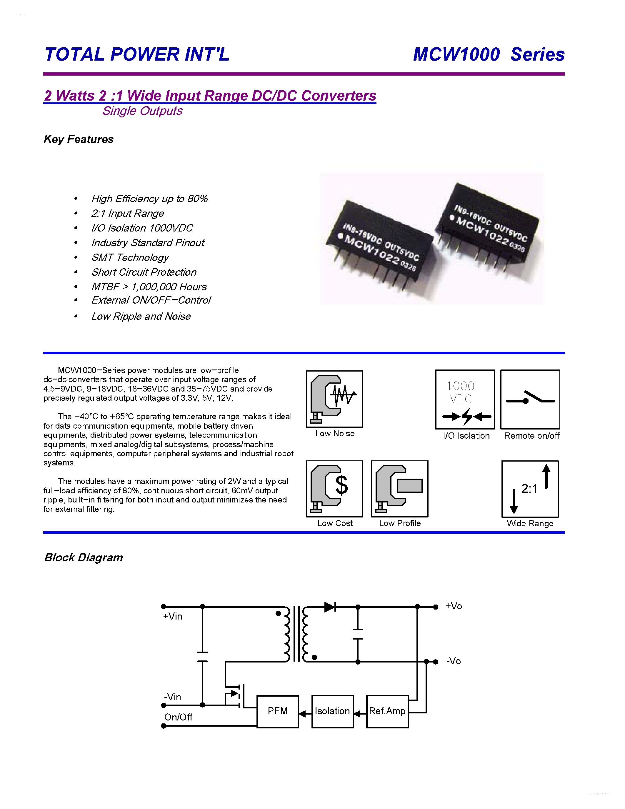 Datasheet MCW1000 - 2 Watts 2 :1 Wide Input Range DC/DC Converters page 1