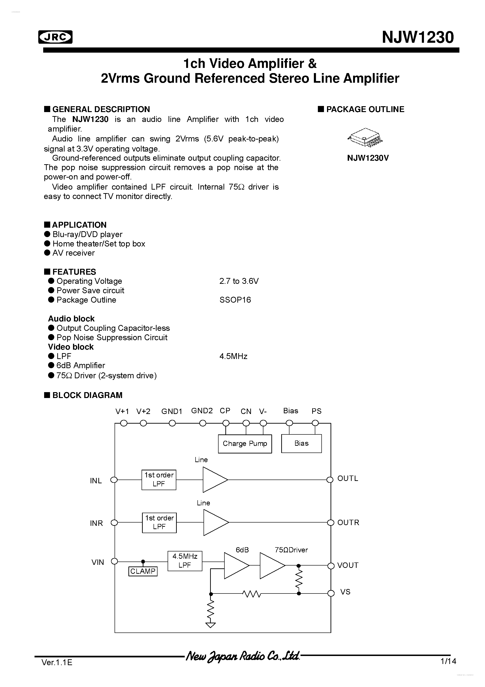 Даташит NJW1230 - 1ch Video Amplifier & 2Vrms Ground Referenced Stereo Line Amplifier страница 1