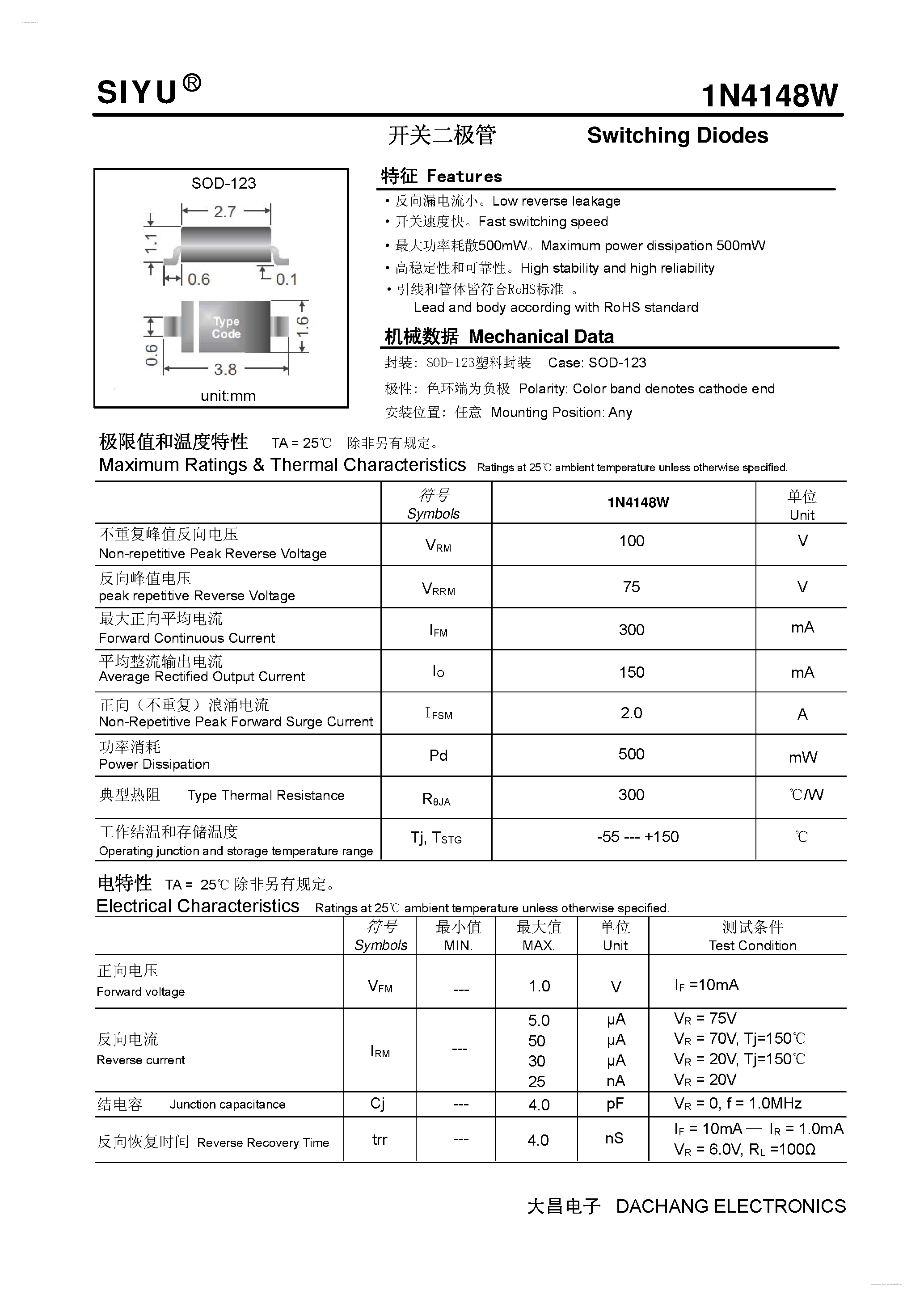 Datasheet 1N4148W - Switching Diodes page 1
