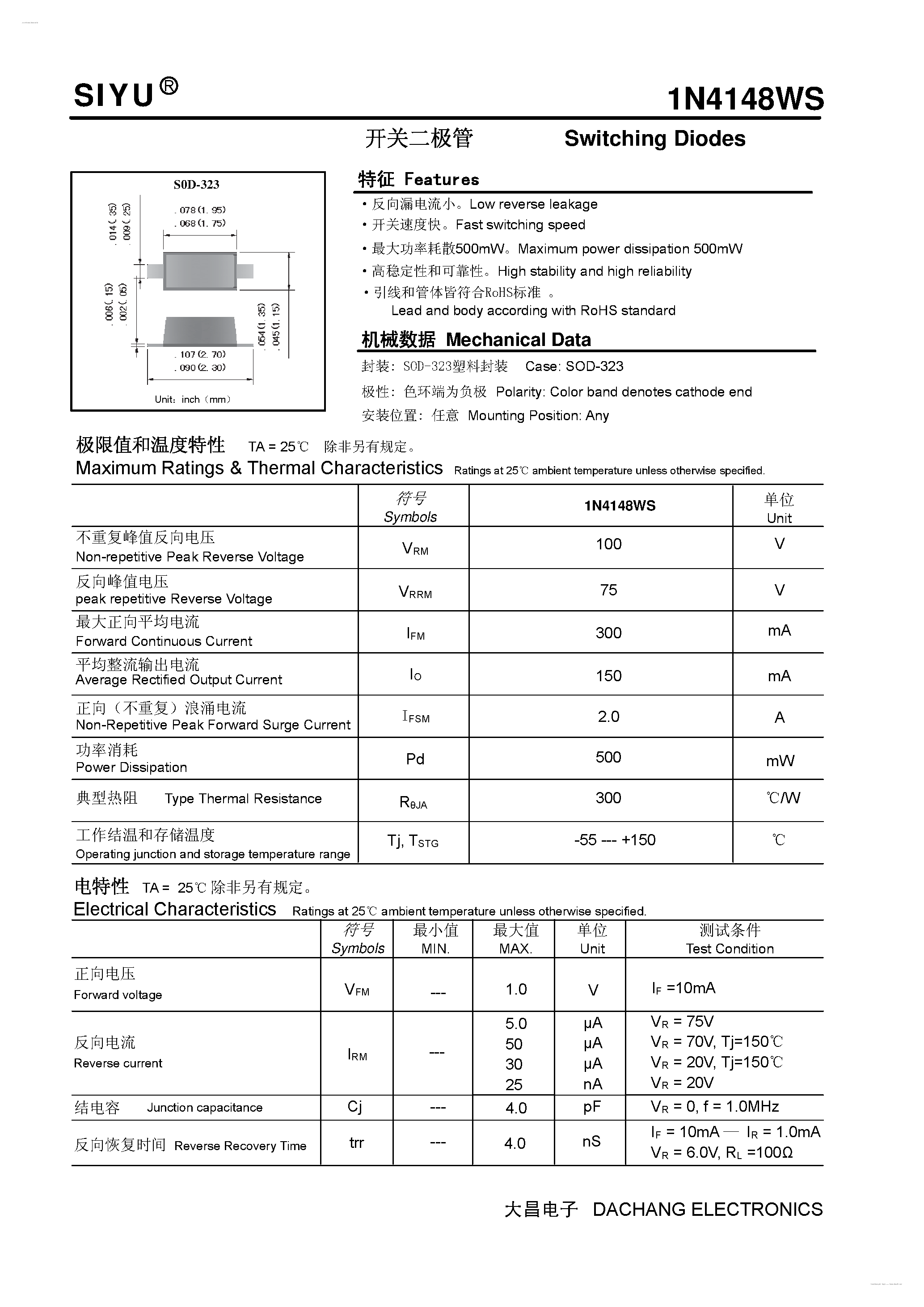 Datasheet 1N4148WS - Switching Diodes page 1