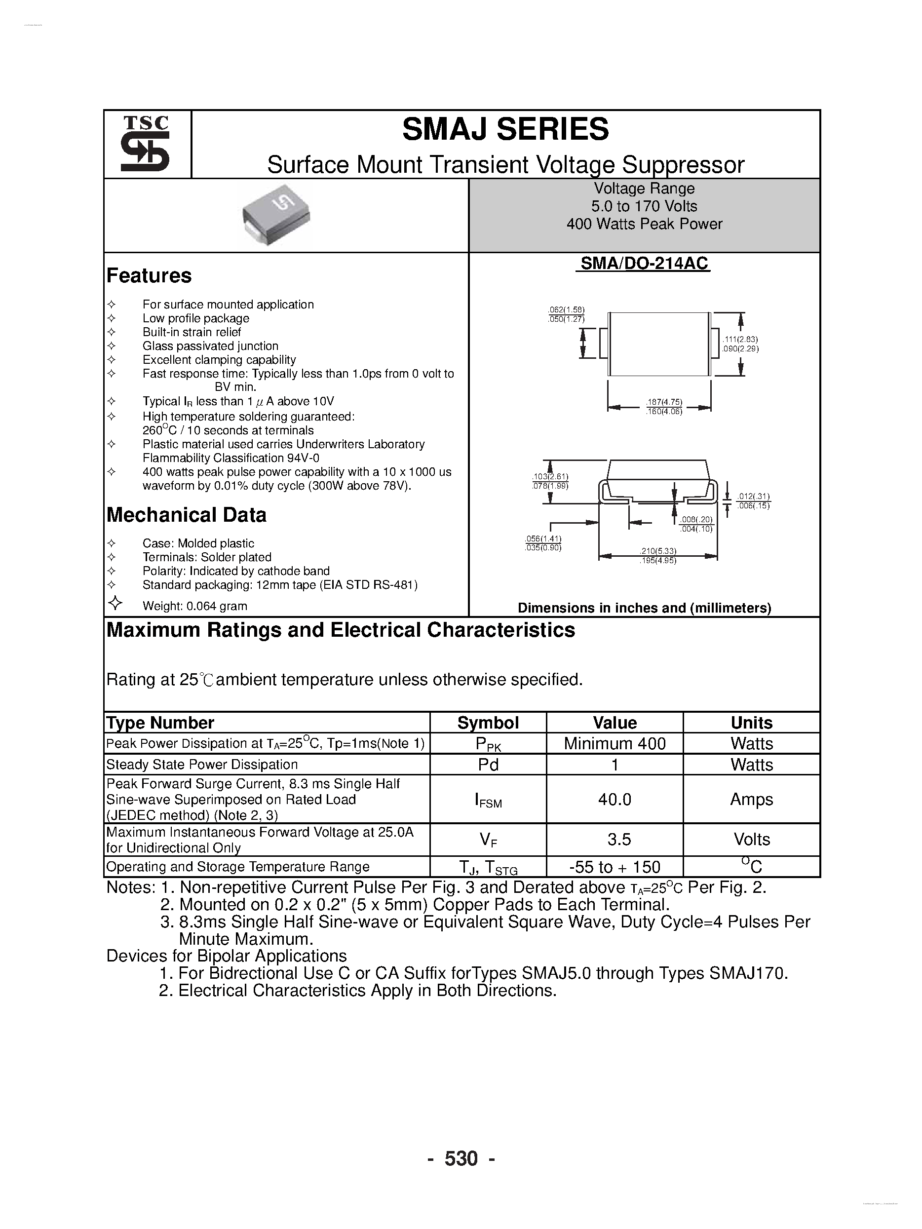 Datasheet SMAJ10 - (SMAJ Series) Surface Mount Transient Voltage Suppressor page 1