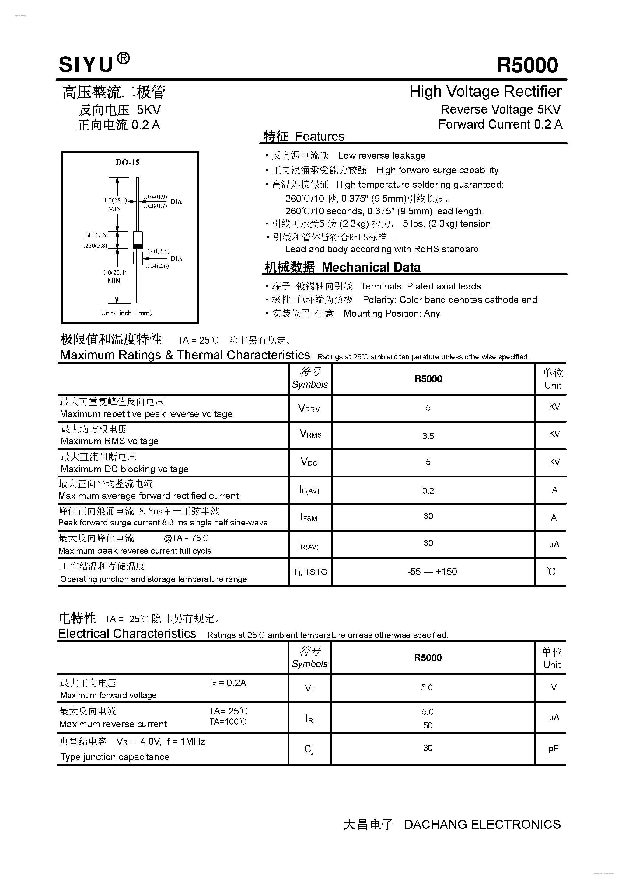 Даташит R5000 - High Voltage Rectifier страница 1