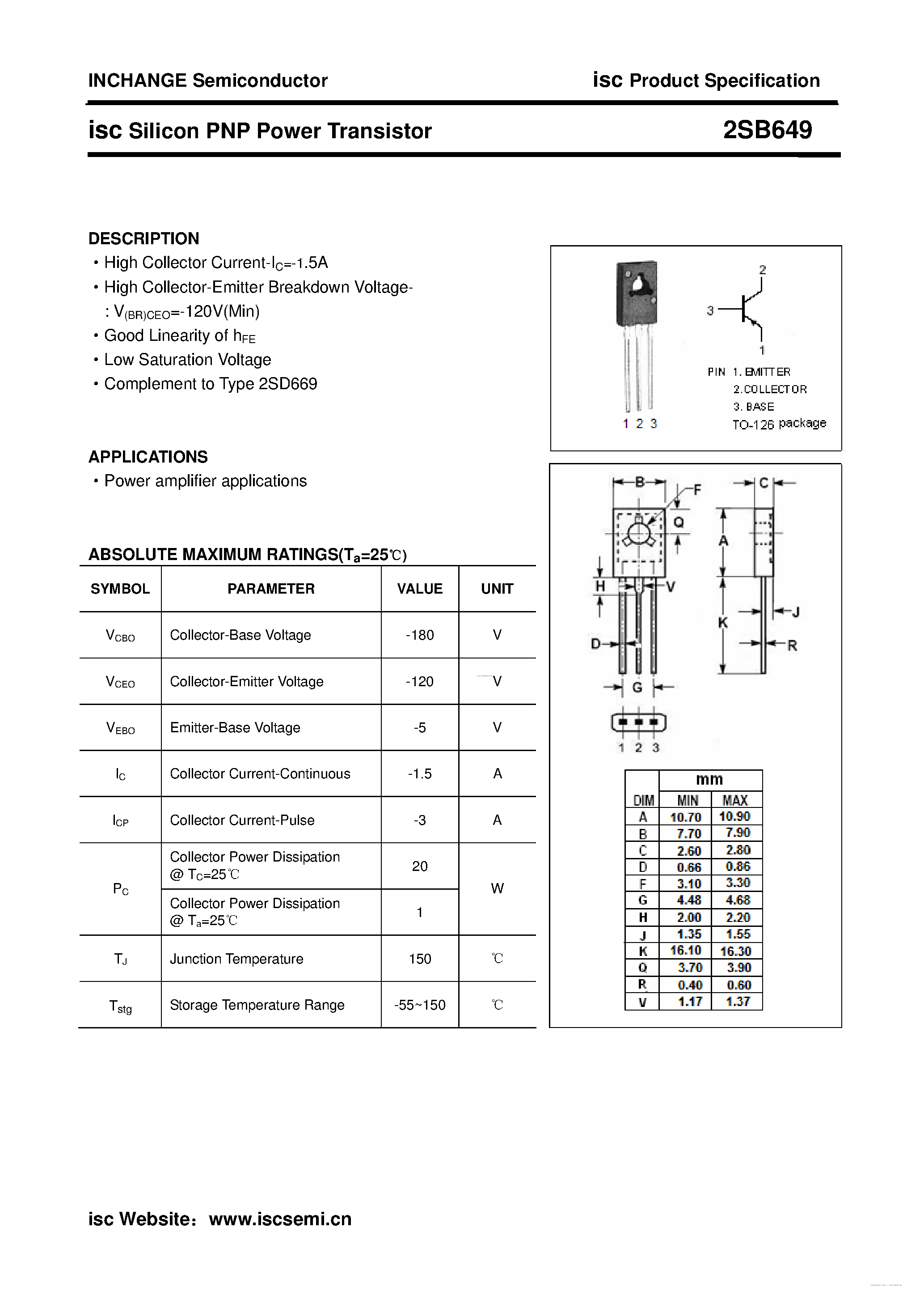 Datasheet 2SB649 - Silicon PNP Power Transistor page 1