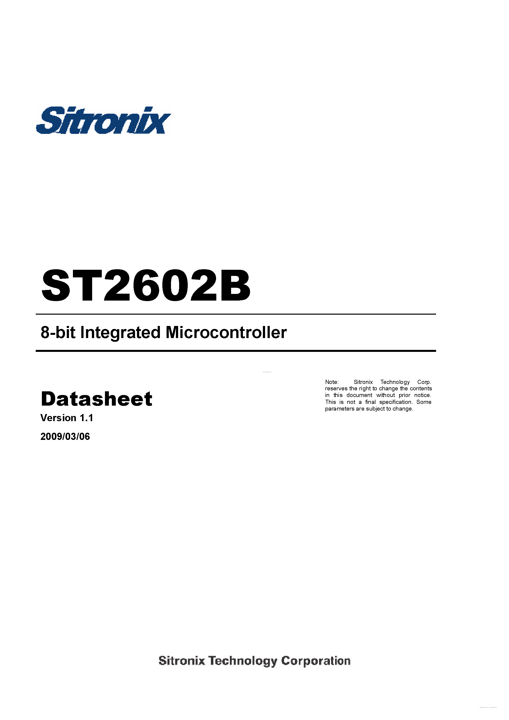 Datasheet ST2602B page 1 Datasheet ST2602B - 8-bit Integrated Microcontroller page 1