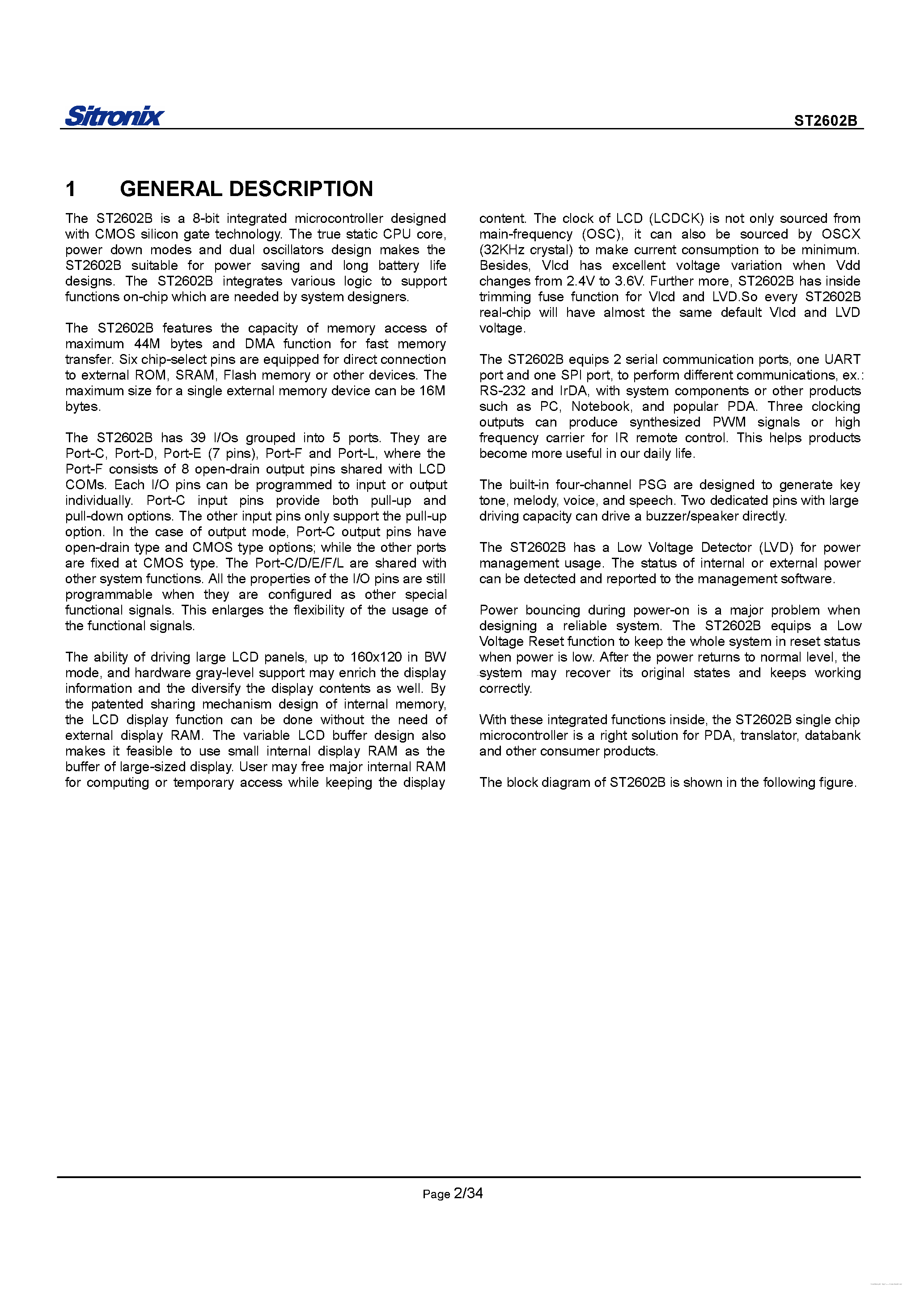 Datasheet ST2602B page 2 Datasheet ST2602B - 8-bit Integrated Microcontroller page 2