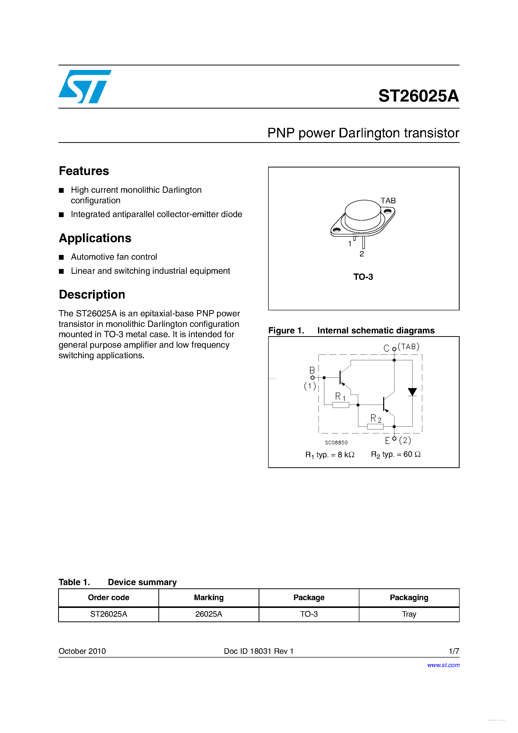 Даташит на микросхему ST26025A страница 1 Даташит ST26025A - PNP power Darlington transistor страница 1