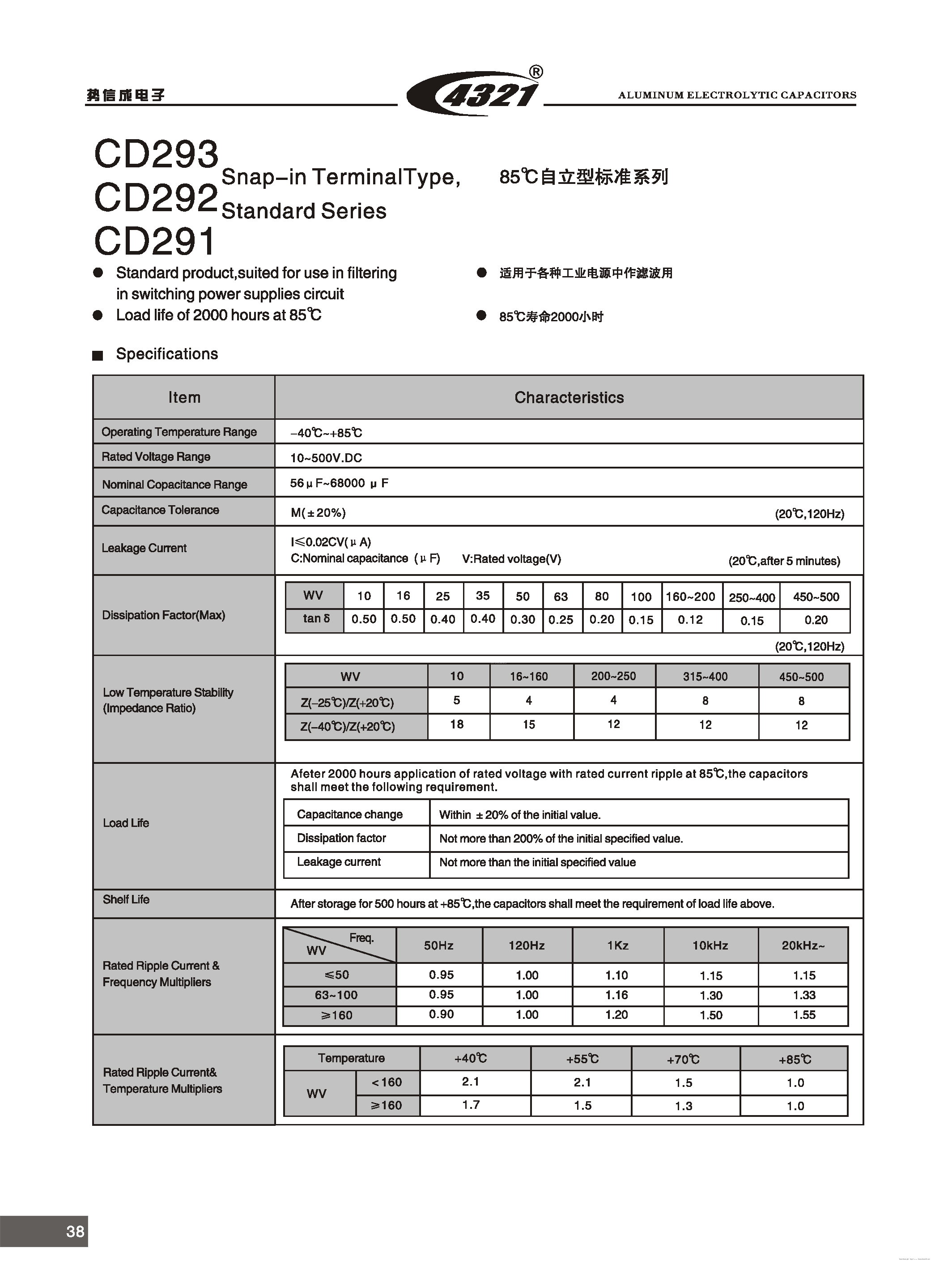 Даташит CD291 - (CD291 - CD293) ALUMINUM ELECTROLYTIC CAPACITOR страница 1