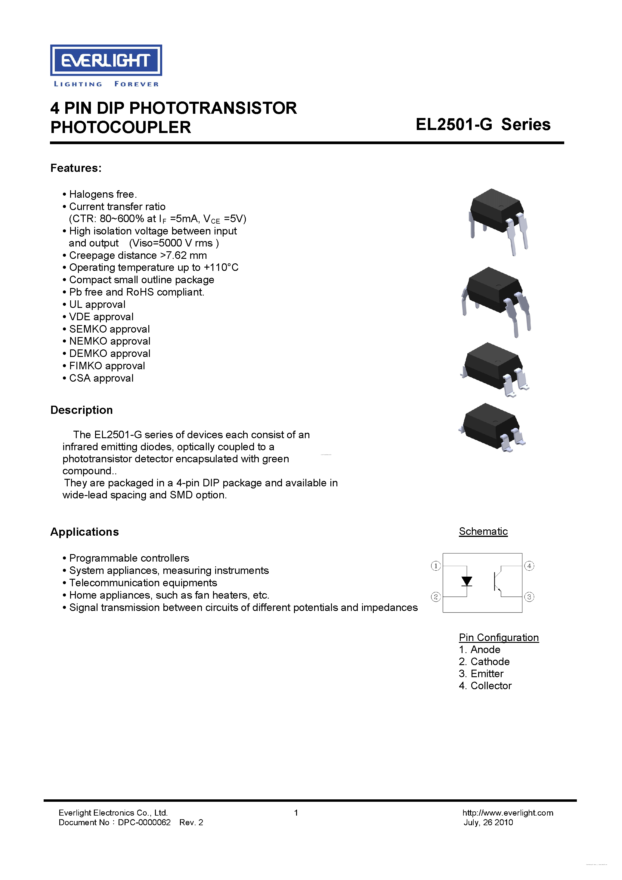 Даташит на микросхему EL2501-G страница 1 Даташит EL2501-G - 4 Pin Dip Phototransistor страница 1