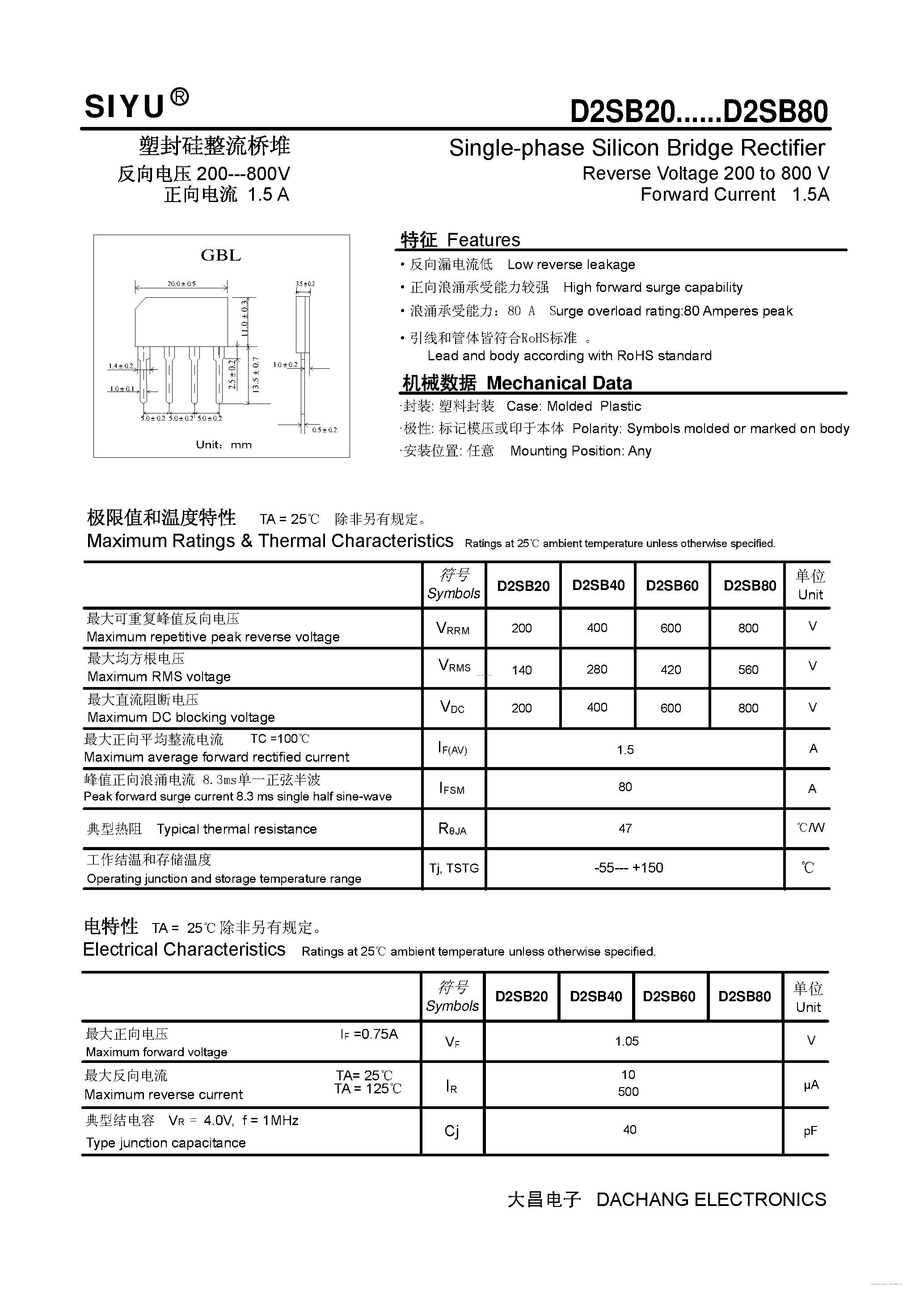 Datasheet D2SB20 page 1 Datasheet D2SB20 - (D2SB20 - D2SB80) Single-phase Silicon Bridge Rectifier page 1