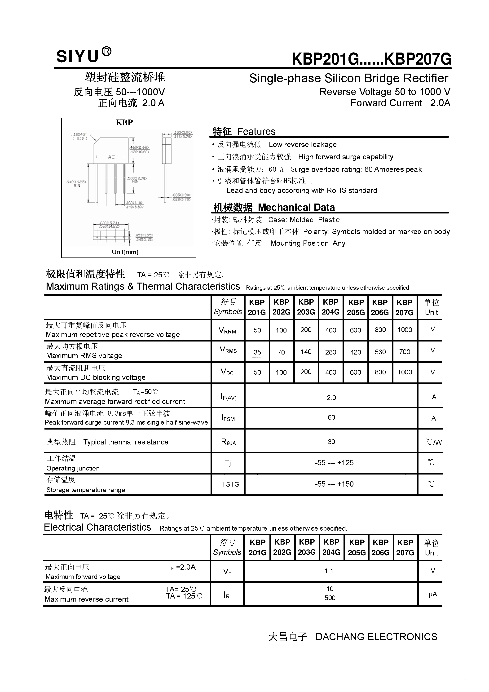 Datasheet KBP201G - (KBP201G - KBP207G) Single-phase Silicon Bridge Rectifier page 1