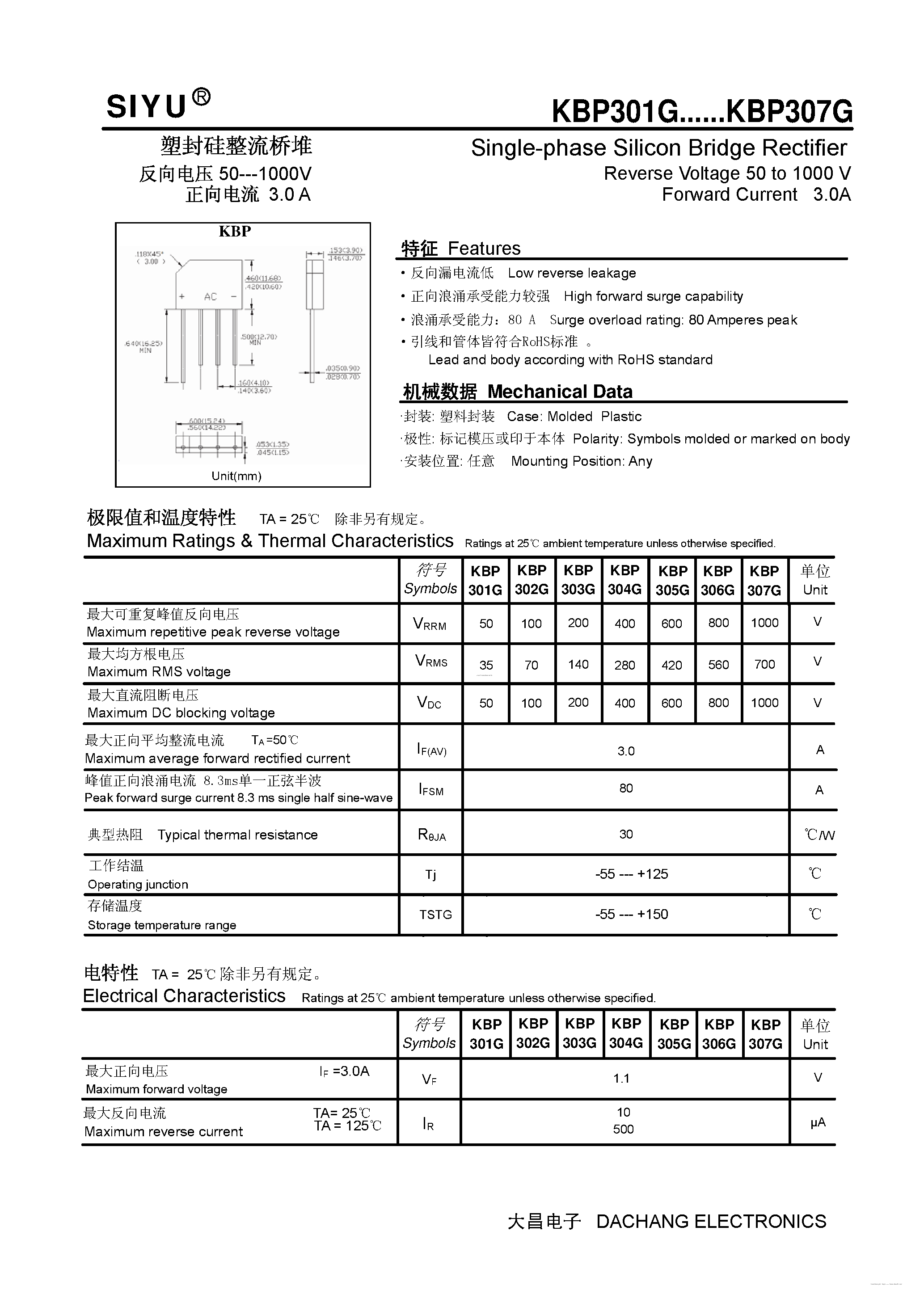 Datasheet KBP301G page 1 Datasheet KBP301G - (KBP301G - KBP307G) Single-phase Silicon Bridge Rectifier page 1
