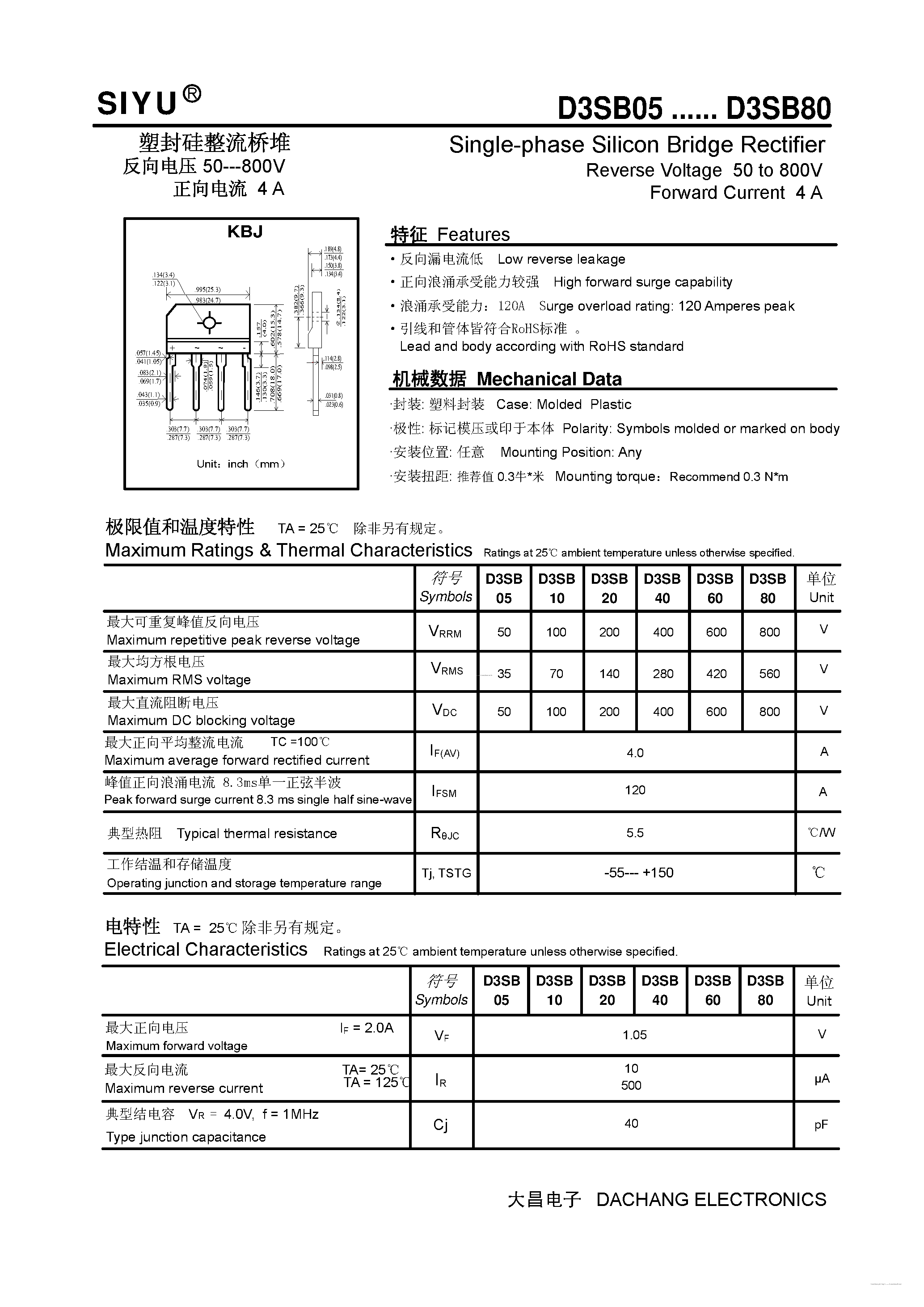 Datasheet D3SB05 - (D3SB05 - D3SB80) Single-phase Silicon Bridge Rectifier page 1