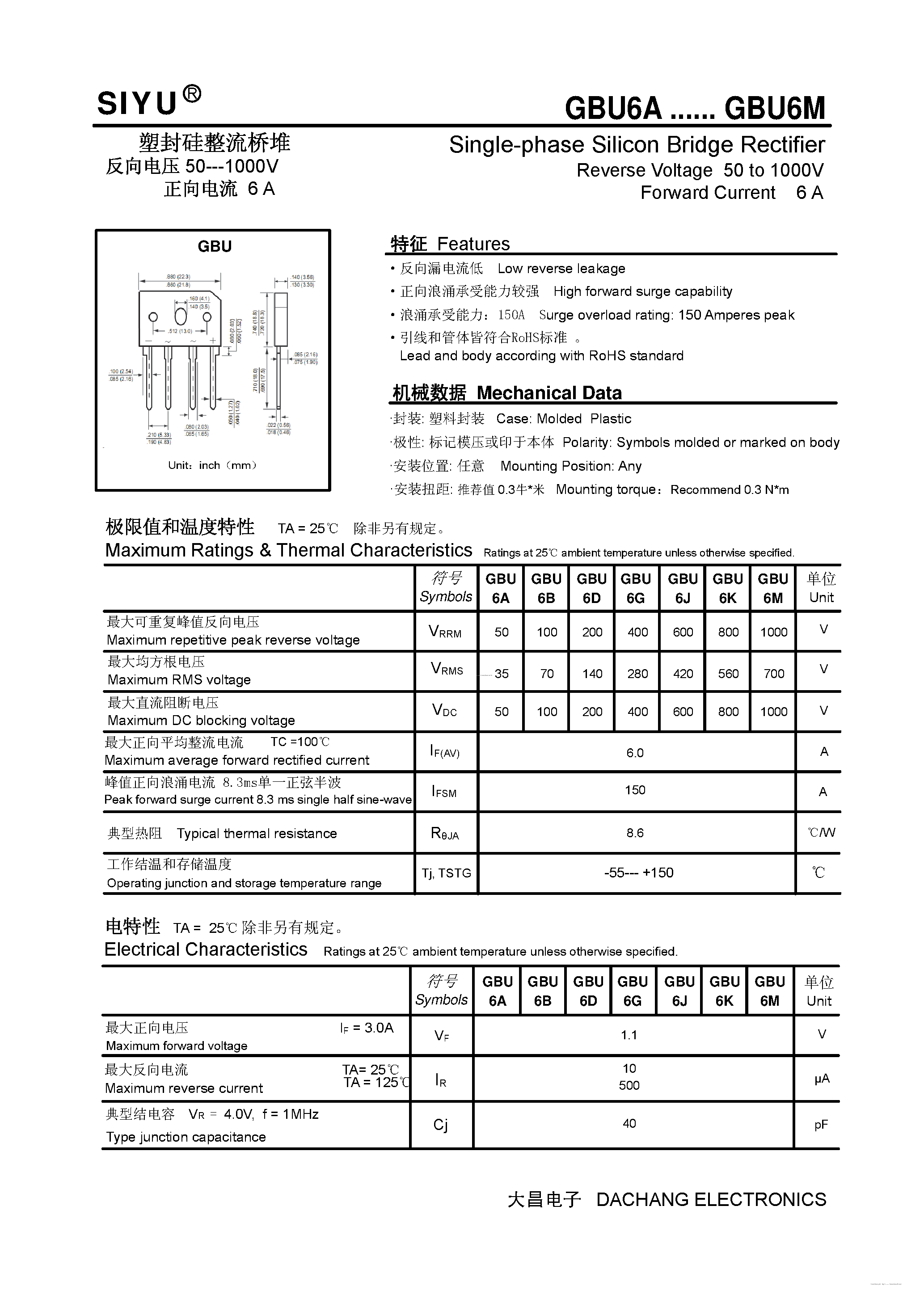 Datasheet GBU6A page 1 Datasheet GBU6A - (GBU6A - GBU6M) Single-phase Silicon Bridge Rectifier page 1