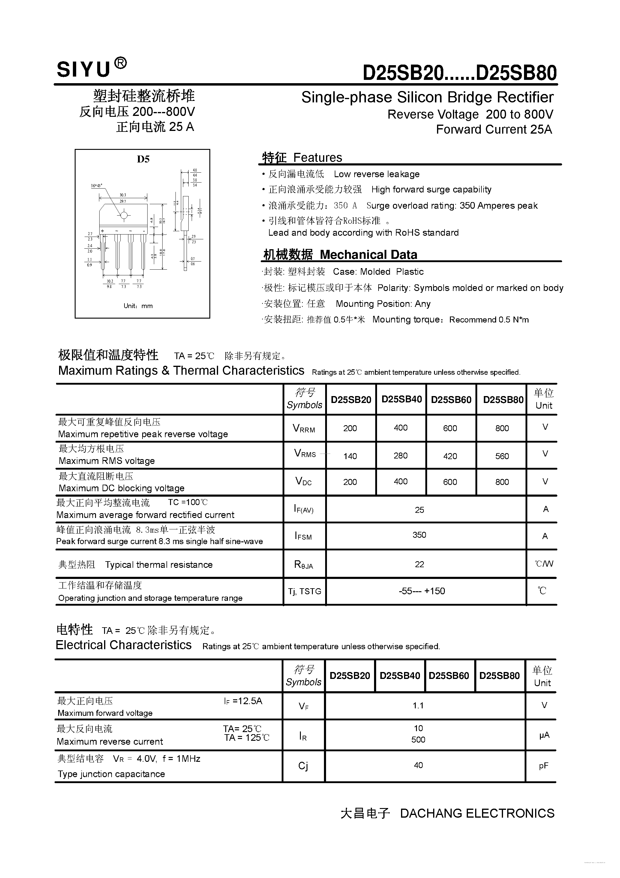 Datasheet D25SB20 page 1 Datasheet D25SB20 - (D25SB20 - D25SB80) Single-phase Silicon Bridge Rectifier page 1