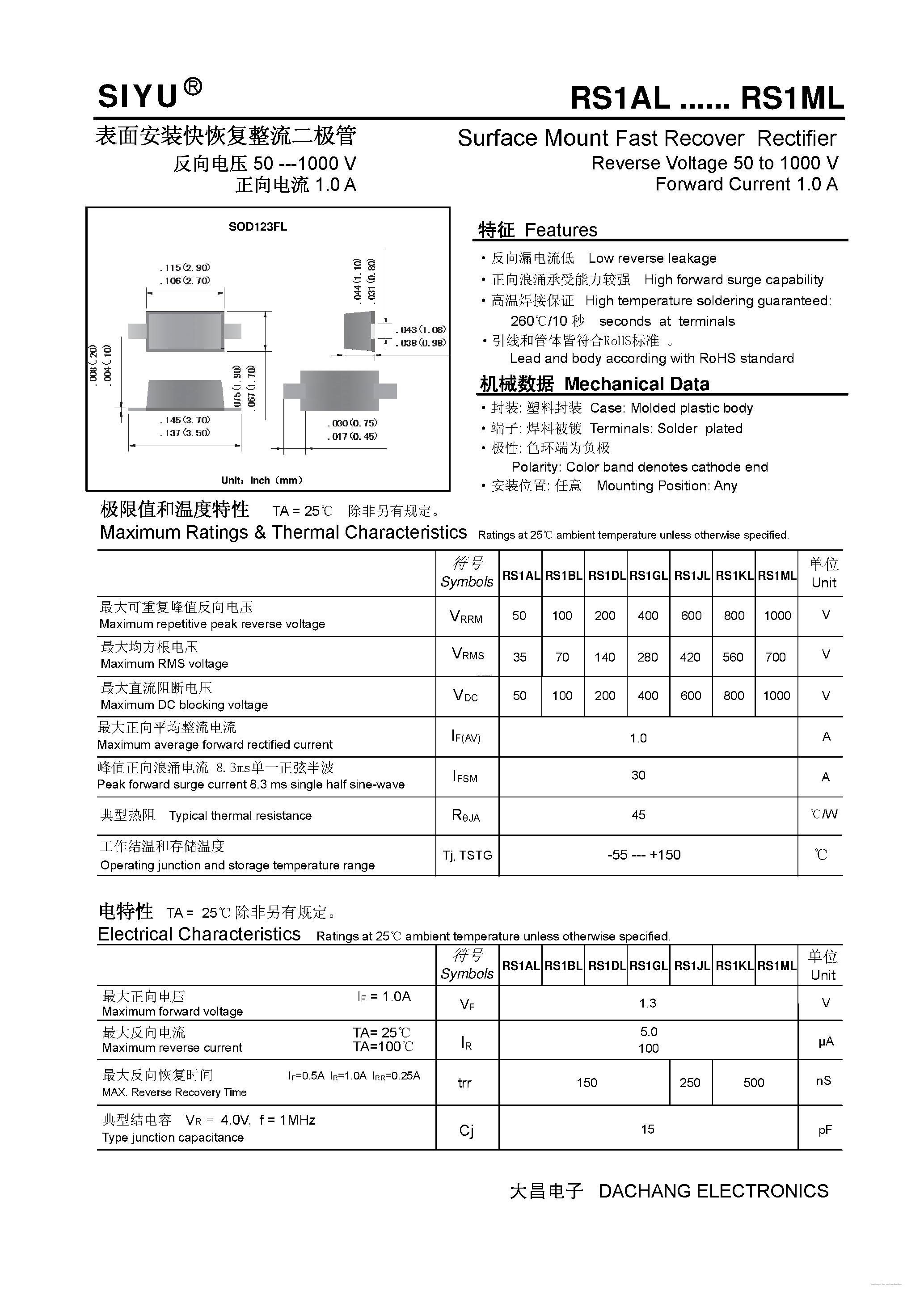 Даташит RS1AL - (RS1AL - RS1ML) Surface Mount Fast Recover Rectifier страница 1