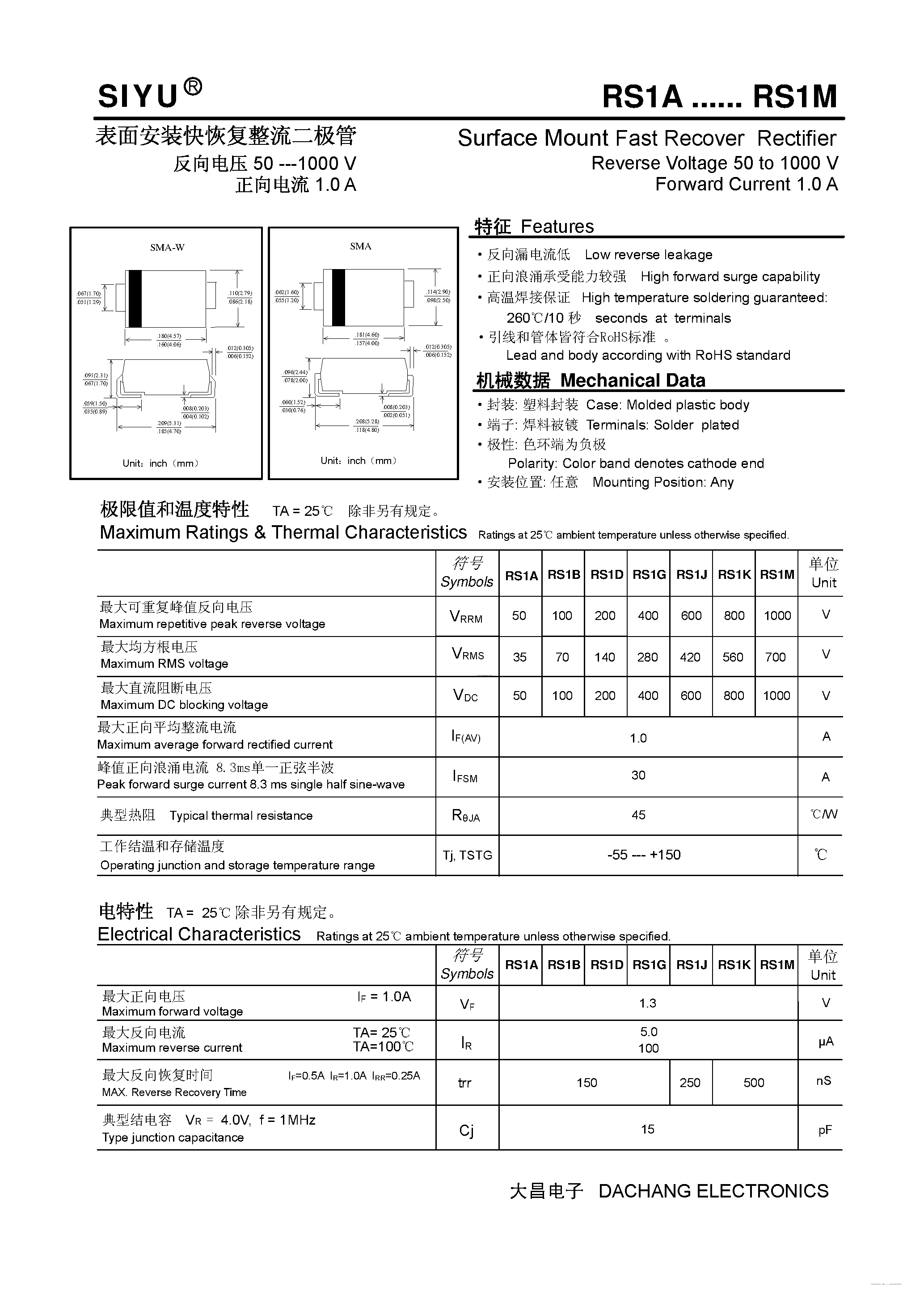 Даташит на микросхему RS1A страница 1 Даташит RS1A - (RS1A - RS1M) Surface Mount Fast Recover Rectifier страница 1