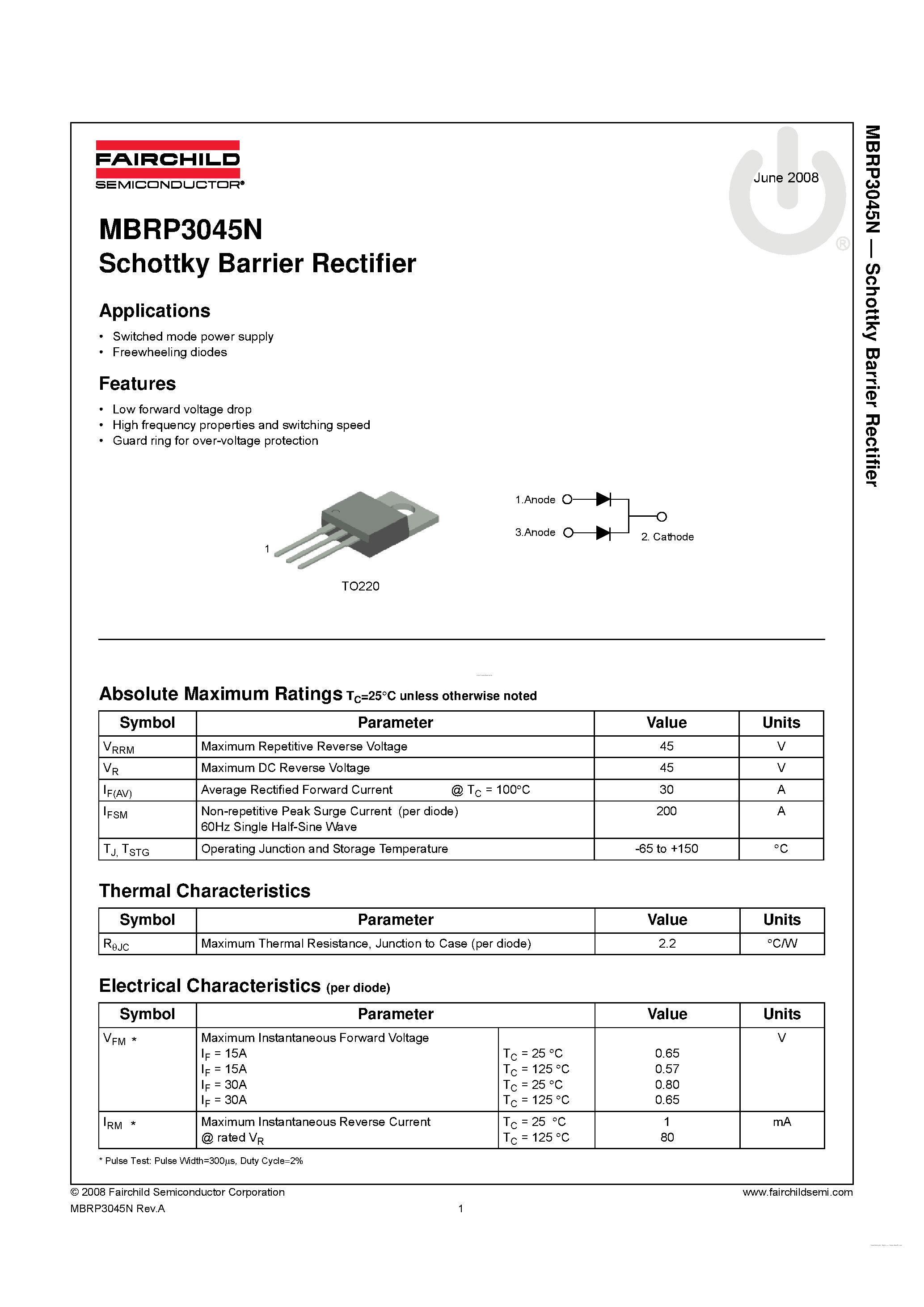 Даташит MBRP3045N - SCHOTTKY BARRIER RECTIFIER страница 1