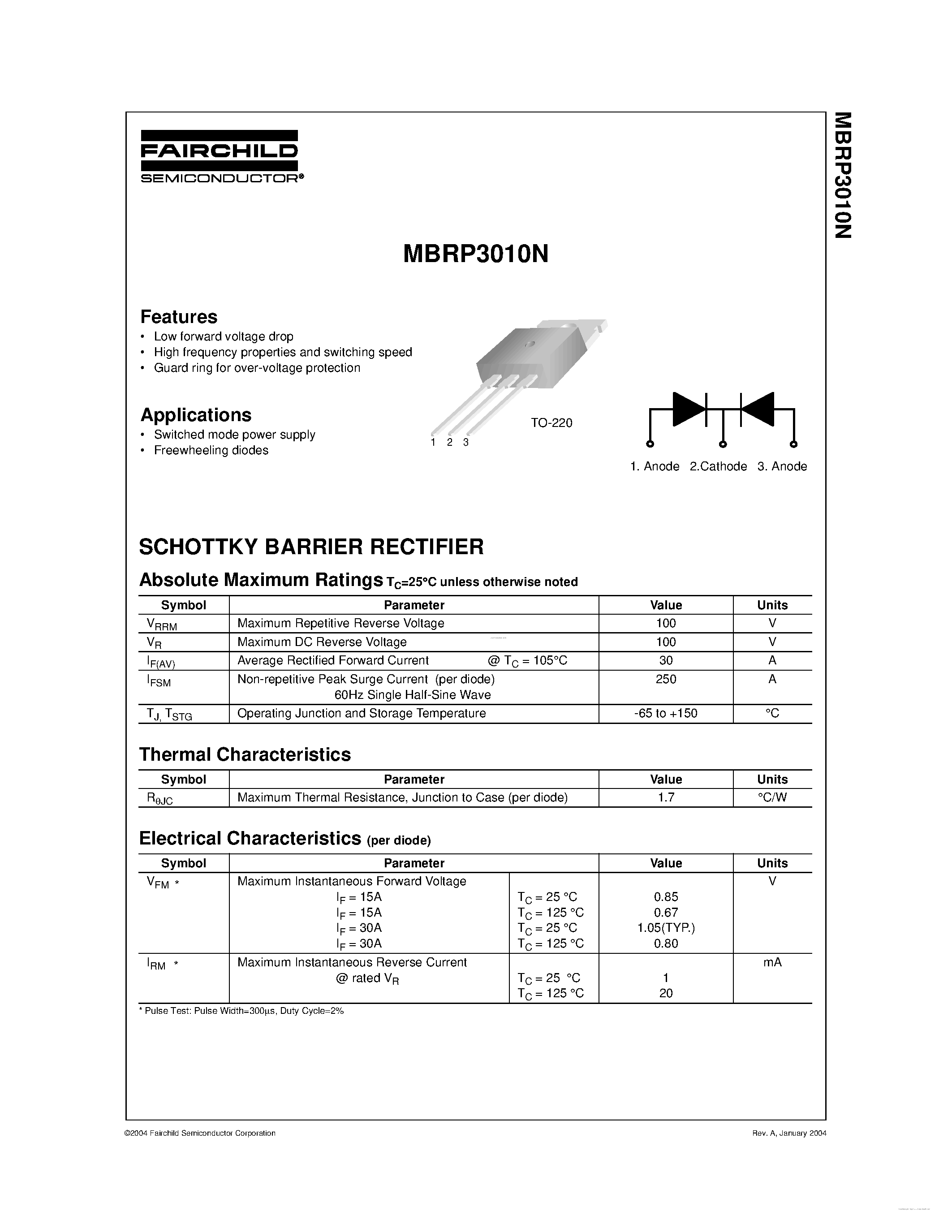 Даташит MBRP3010N - SCHOTTKY BARRIER RECTIFIER страница 1