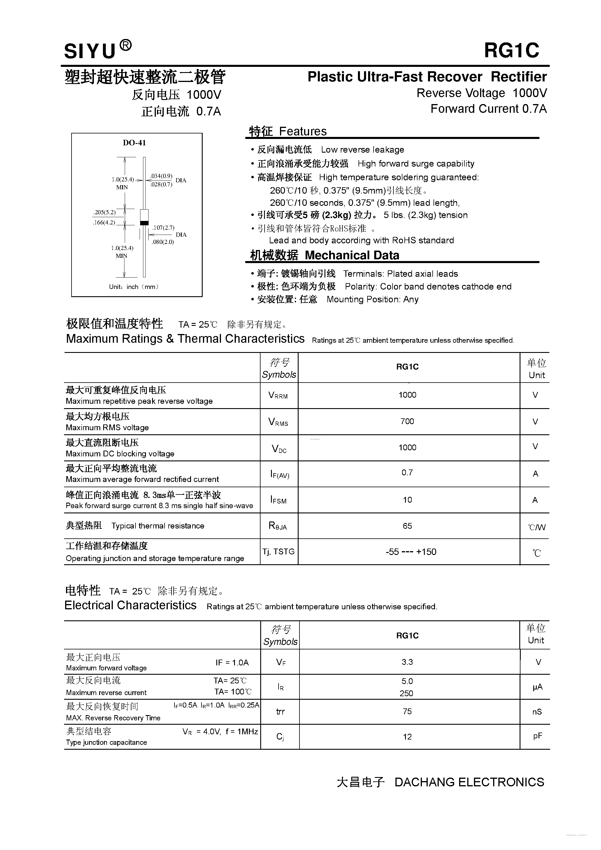 Даташит RG1C - Plastic Ultra-Fast Recover Rectifier страница 1