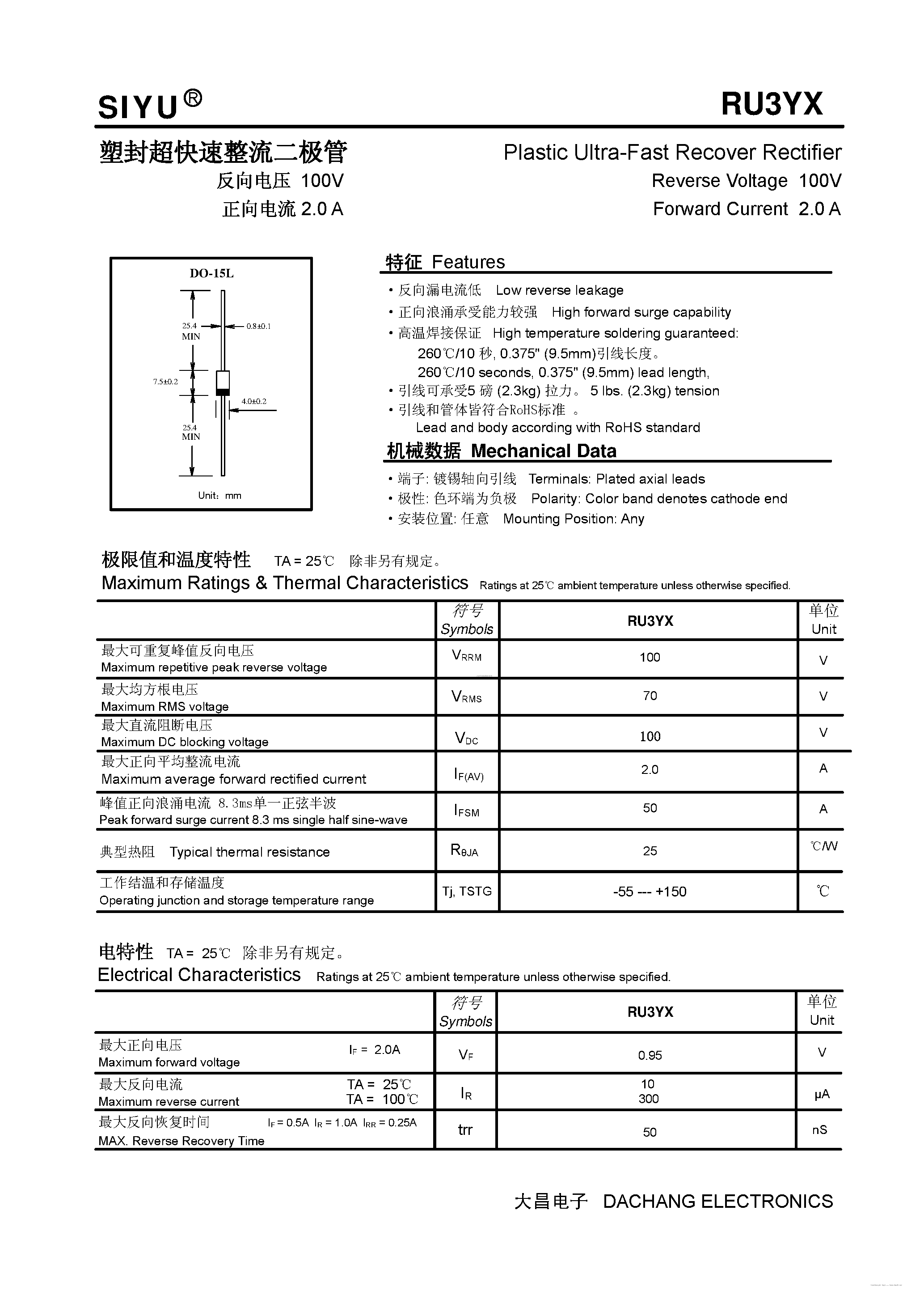 Даташит на микросхему RU3YX страница 1 Даташит RU3YX - Plastic Ultra-Fast Recover Rectifier страница 1