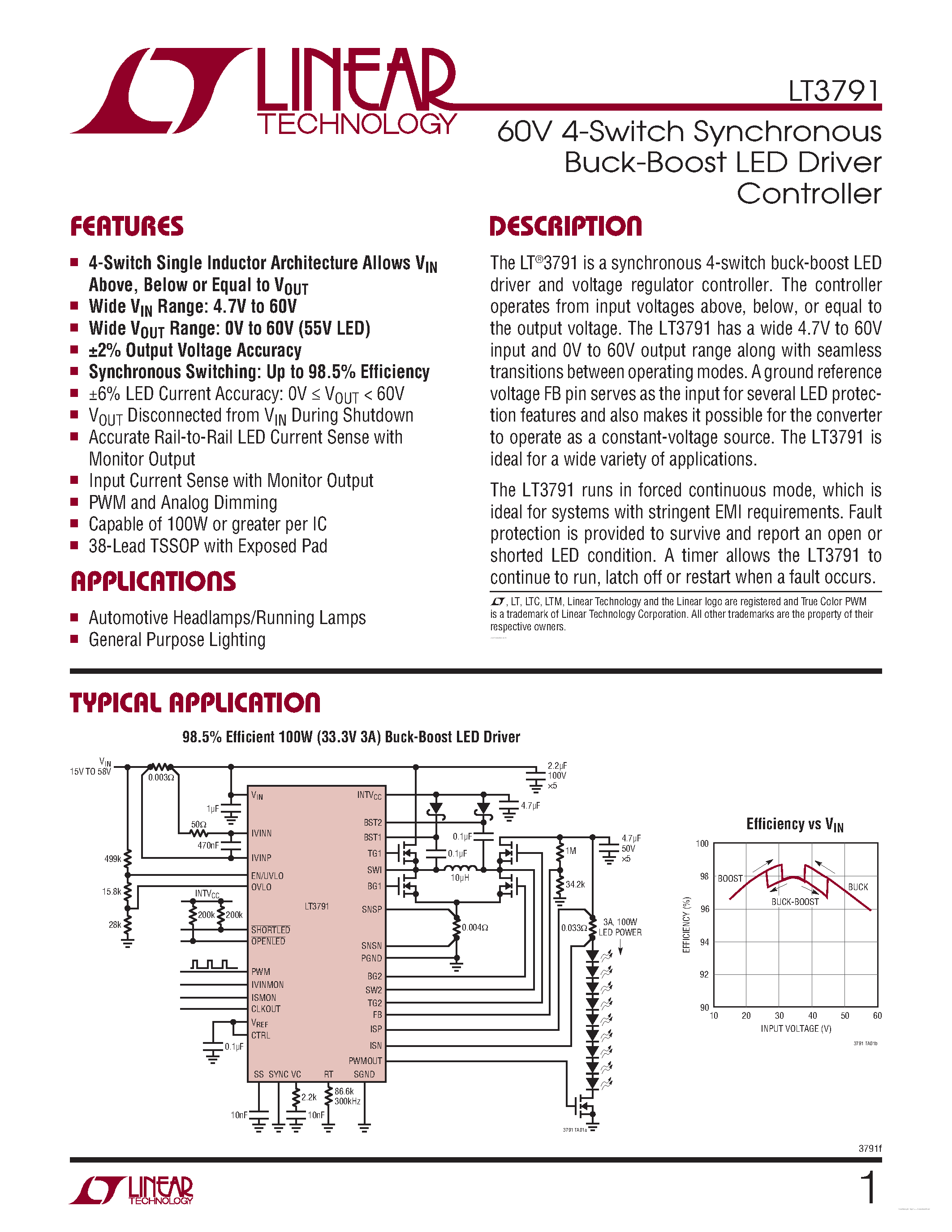 Datasheet LT3791 - 60V 4-Switch Synchronous Buck-Boost LED Driver Controller page 1