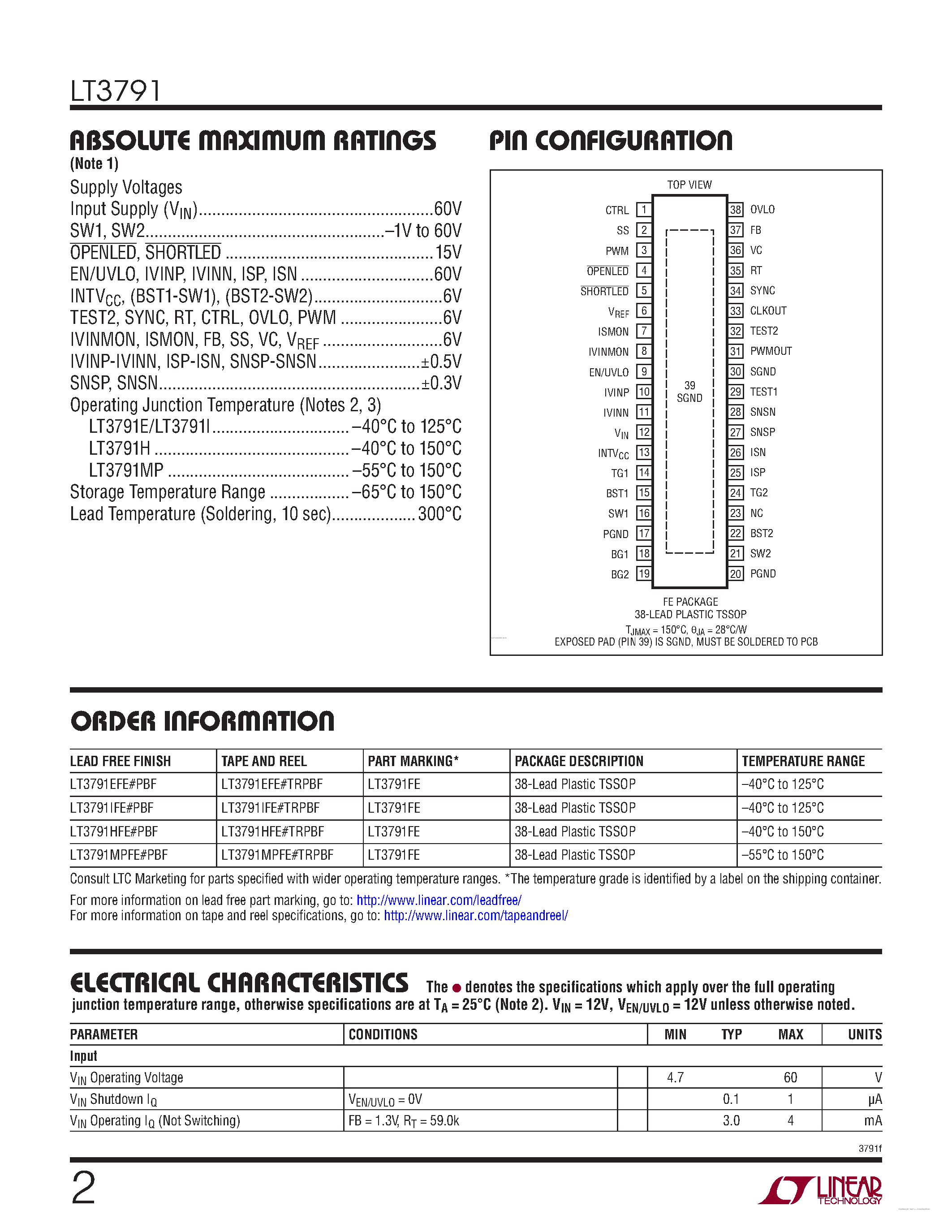 Datasheet LT3791 - 60V 4-Switch Synchronous Buck-Boost LED Driver Controller page 2
