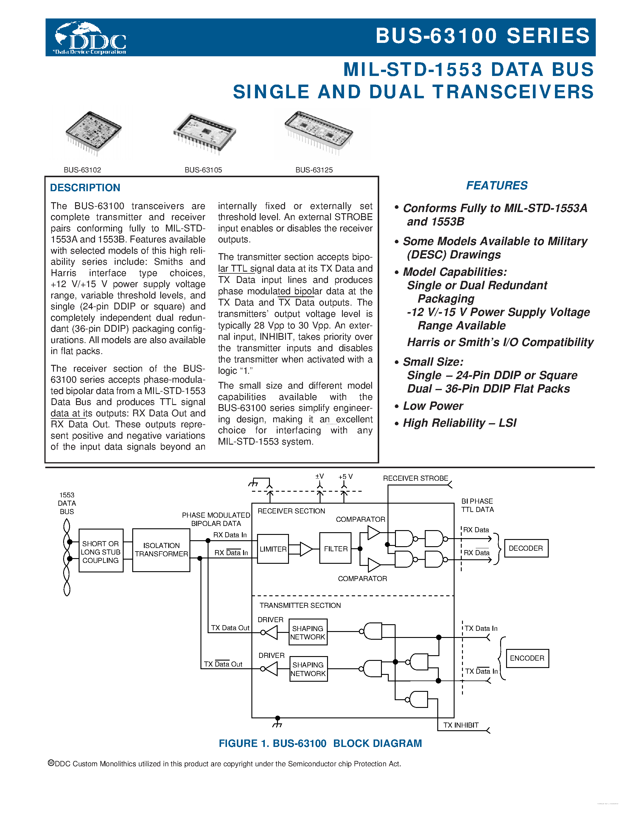Datasheet BUS-63100 - MIL-STD-1553 DATA BUS SINGLE AND DUAL TRANSCEIVERS page 1