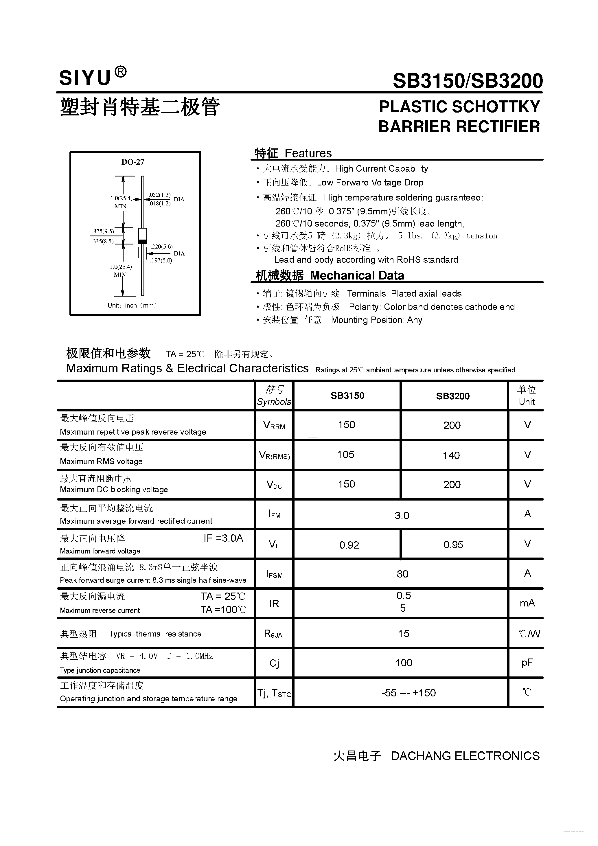Datasheet SB3150 page 1 Datasheet SB3150 - (SB3150 / SB3200) PLASTIC SCHOTTKY BARRIER RECTIFIER page 1